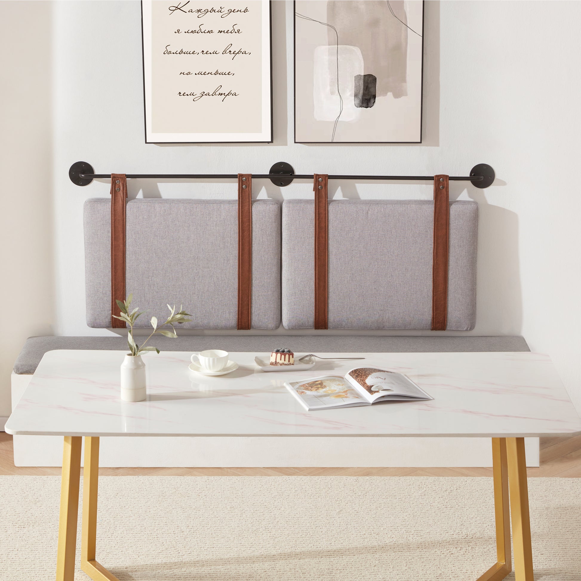 Wall Mounted Headboard King Size With Brown Faux Leather Straps, Linen Fabric Upholstered Headboard With Adjustable Heigh Headboard, King Headboard With Metal Bar For Dining Room, Bedroom, Grey King Grey Bed Frame Linen Fabric Metal