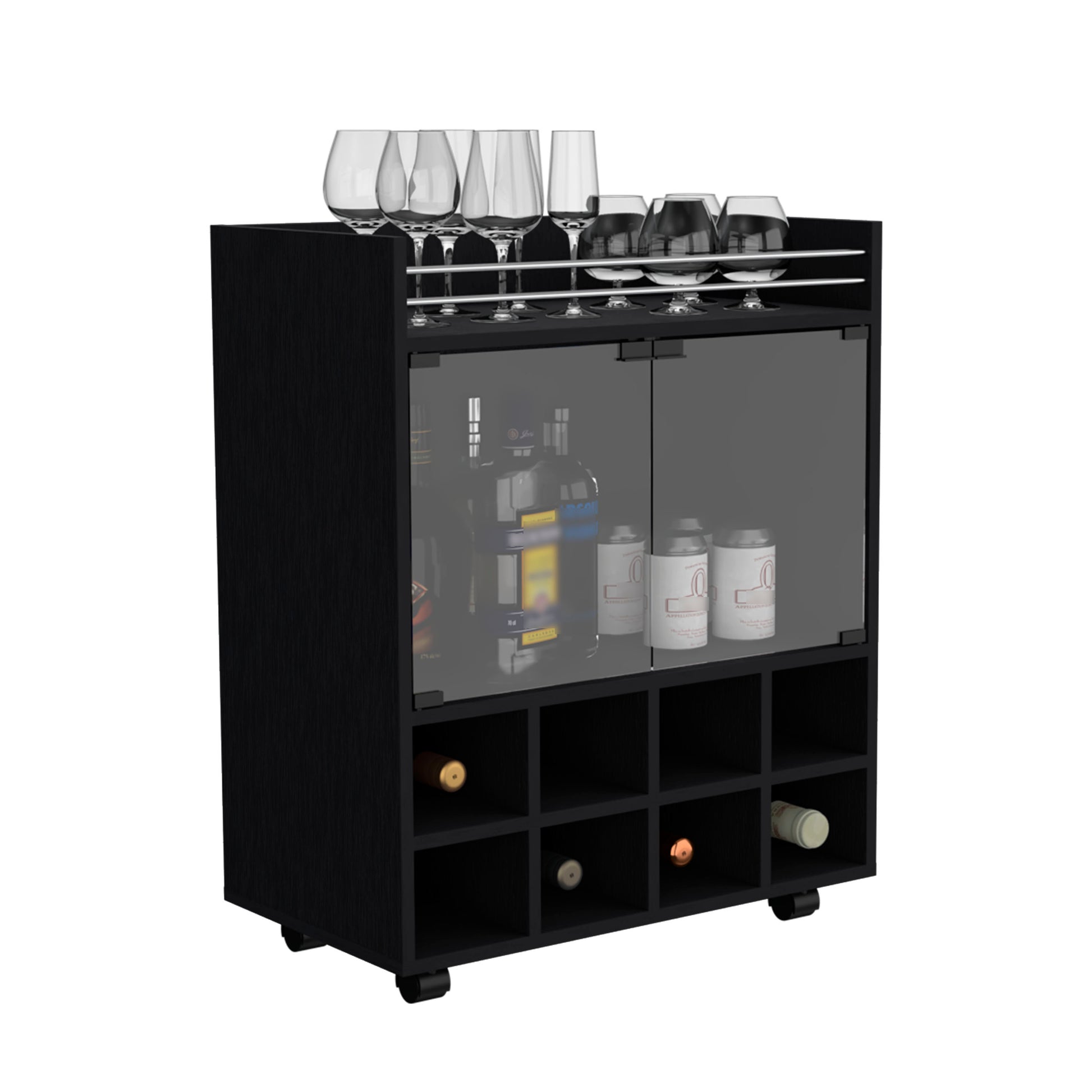 32" H Black Bar Coffee Cart, Kitchen Or Living Room Cabinet Storage With 4 Wheels, With 8 Bottle Racks, A Central Shelf Covered By 1 Galss Door, Ideal For Storing Glasses And Snacks Black Particle