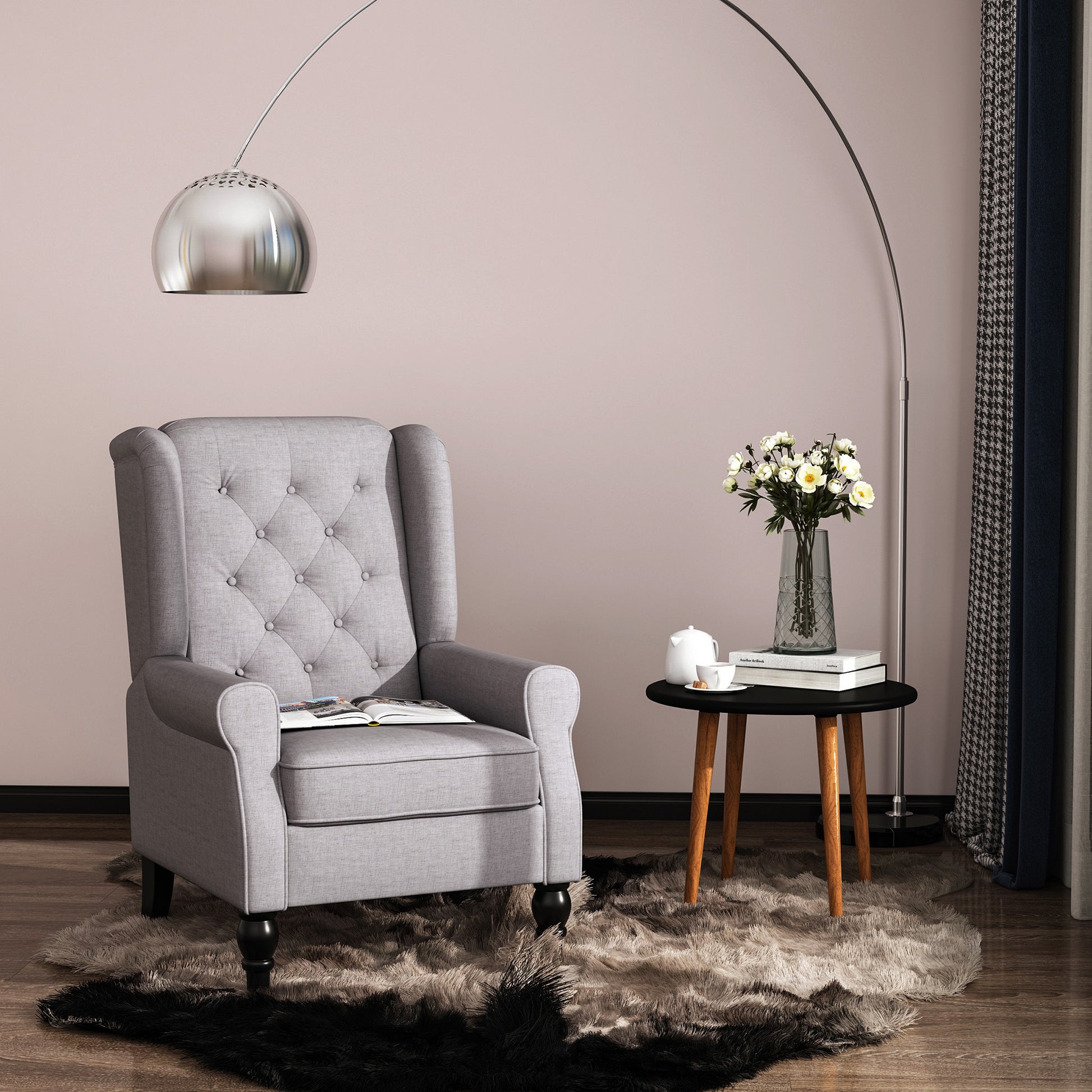 Homcom Button Tufted Accent Chair With High Wingback, Rounded Cushioned Armrests And Thick Padded Seat, Grey Grey Fabric