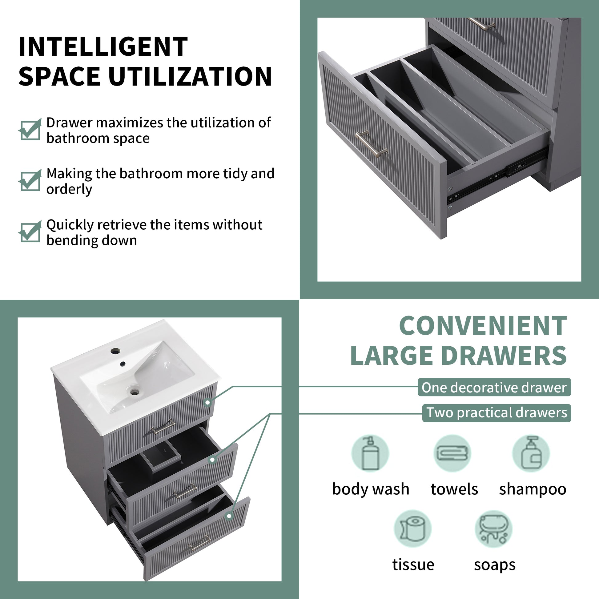 24 Inch Bathroom Vanity With Ceramic Sink Set, Modern Freestanding Bathroom Storage Cabinet With 2 Drawers, Floor Standing Bath Vanity Combo, Gray Grey Mdf