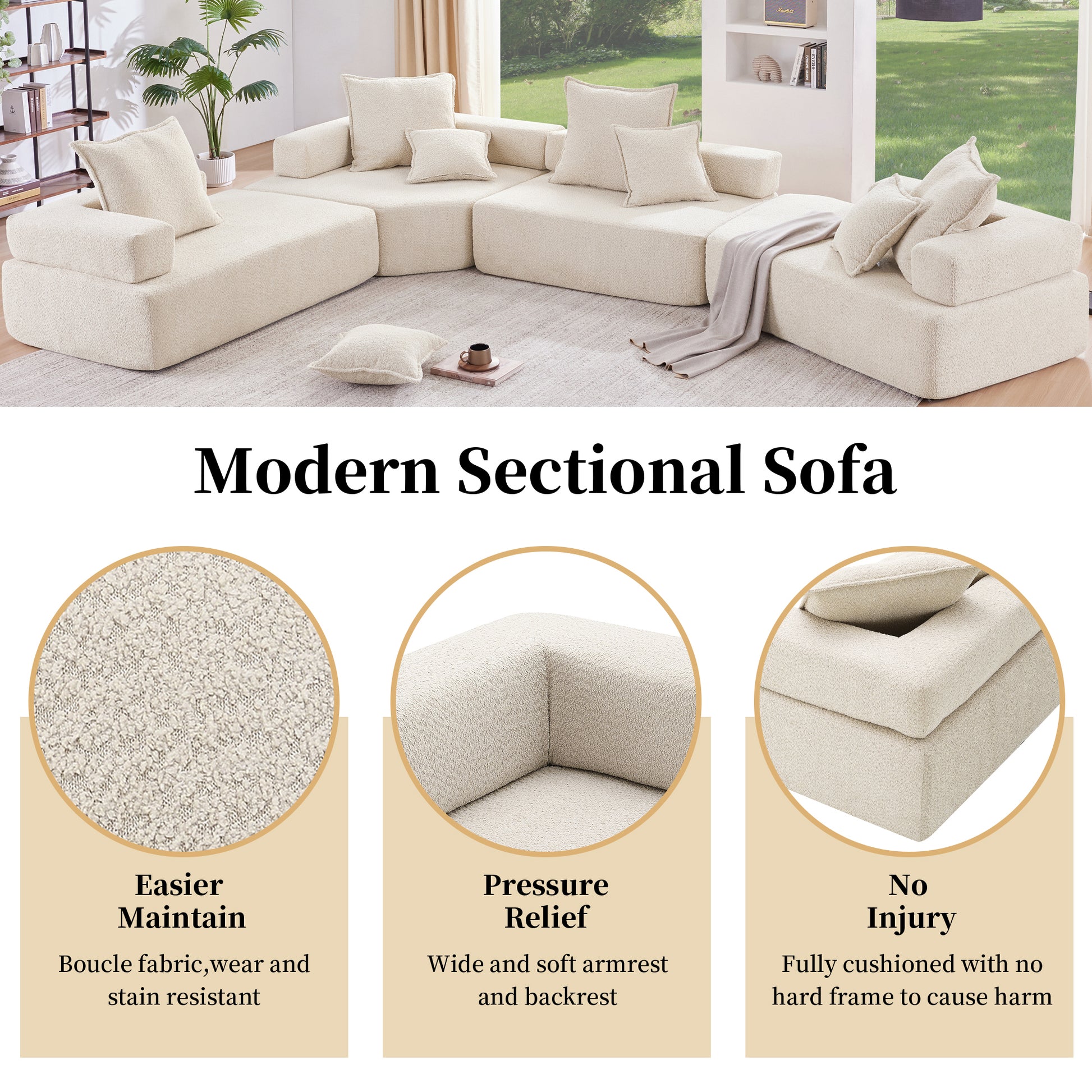 Loveseat Frame For Oversized Modular U Shaped Sectional Sofa,Luxury Boucle Floor Couch Set,Convertible Sleeper Couch,Spacious Foam Filled Sofa Bed For Living Room Beige Boucle 1 Seat
