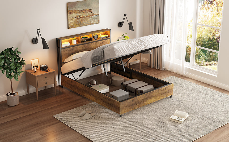 Metal Platform Bed With Underneath Storage, Led And Usb Ports, Full, Black Full Black Mdf Metal