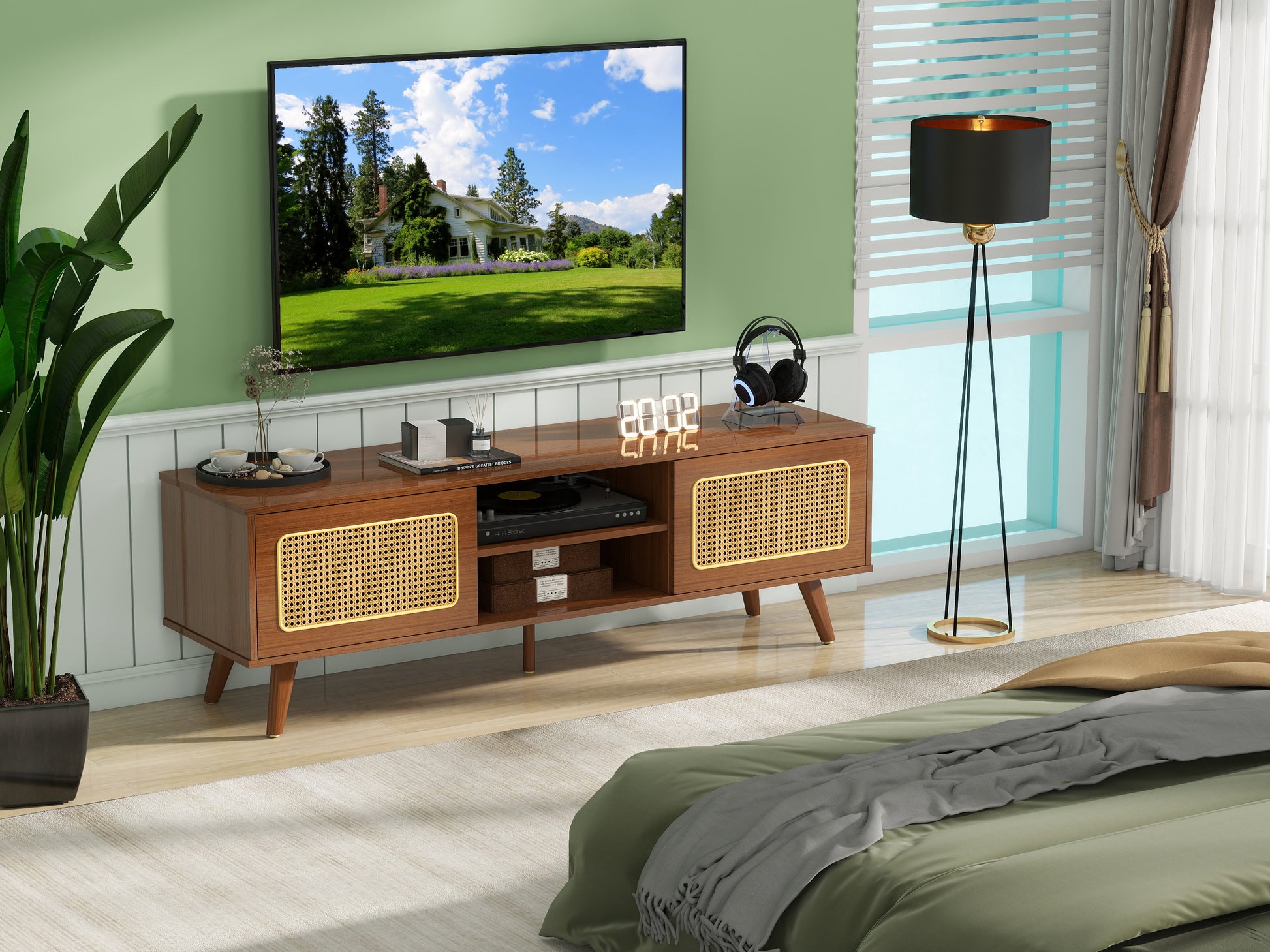 Mid Century Modern Rattan Tv Stand For 55 60 65 Inch Tventertainment Cabinet, Media Console For Living Room Bedroom Media Room, Solid Wood Feet & Rattan Cabinet Doors Walnut, 59" Black Brown Brown
