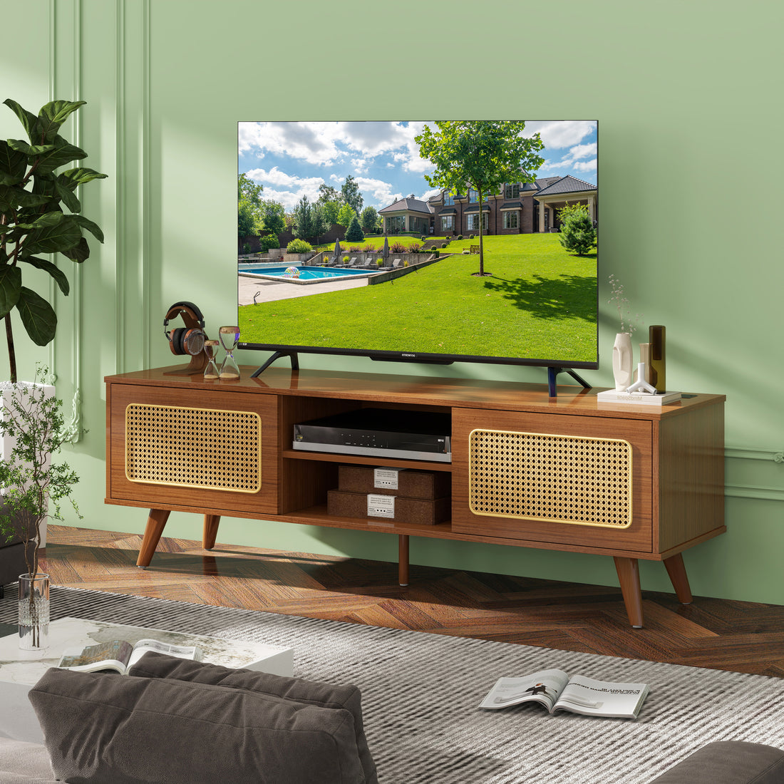Mid Century Modern Rattan Tv Stand For 55 60 65 Inch Tventertainment Cabinet, Media Console For Living Room Bedroom Media Room, Solid Wood Feet & Rattan Cabinet Doors Walnut, 59" Black Brown Brown