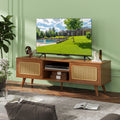Mid Century Modern Rattan Tv Stand For 55 60 65 Inch Tventertainment Cabinet, Media Console For Living Room Bedroom Media Room, Solid Wood Feet & Rattan Cabinet Doors Walnut, 59