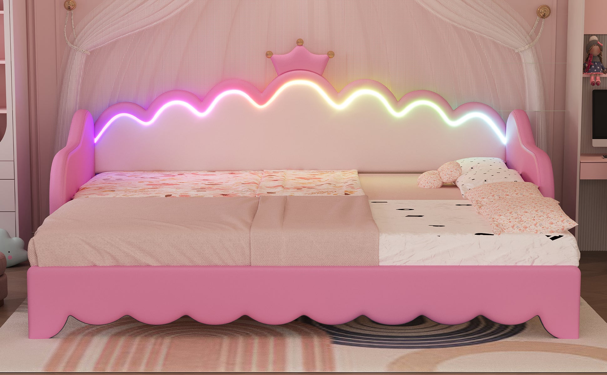 Twin Extending Daybed With Led Lights, Modern Upholstered Princess Daybed With Crown Headboard,Pink Twin Pink Wood