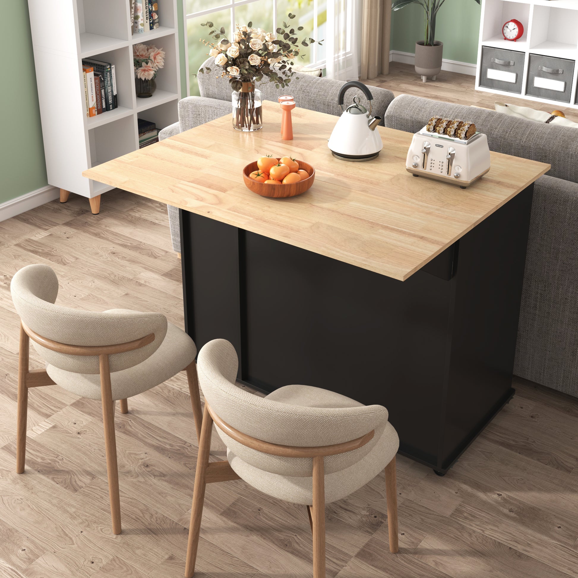 K&K Kitchen Island With Drop Leaf, Kitchen Storage Cart With 3 Tier Pull Out Cabinet Organizer, Internal Storage Rack, Rolling Kitchen Cart On Wheels With Towel Rack, 2 Drawers, For Kitchen, Black Black Brown Kitchen Classic,Farmhouse,Luxury,Modern
