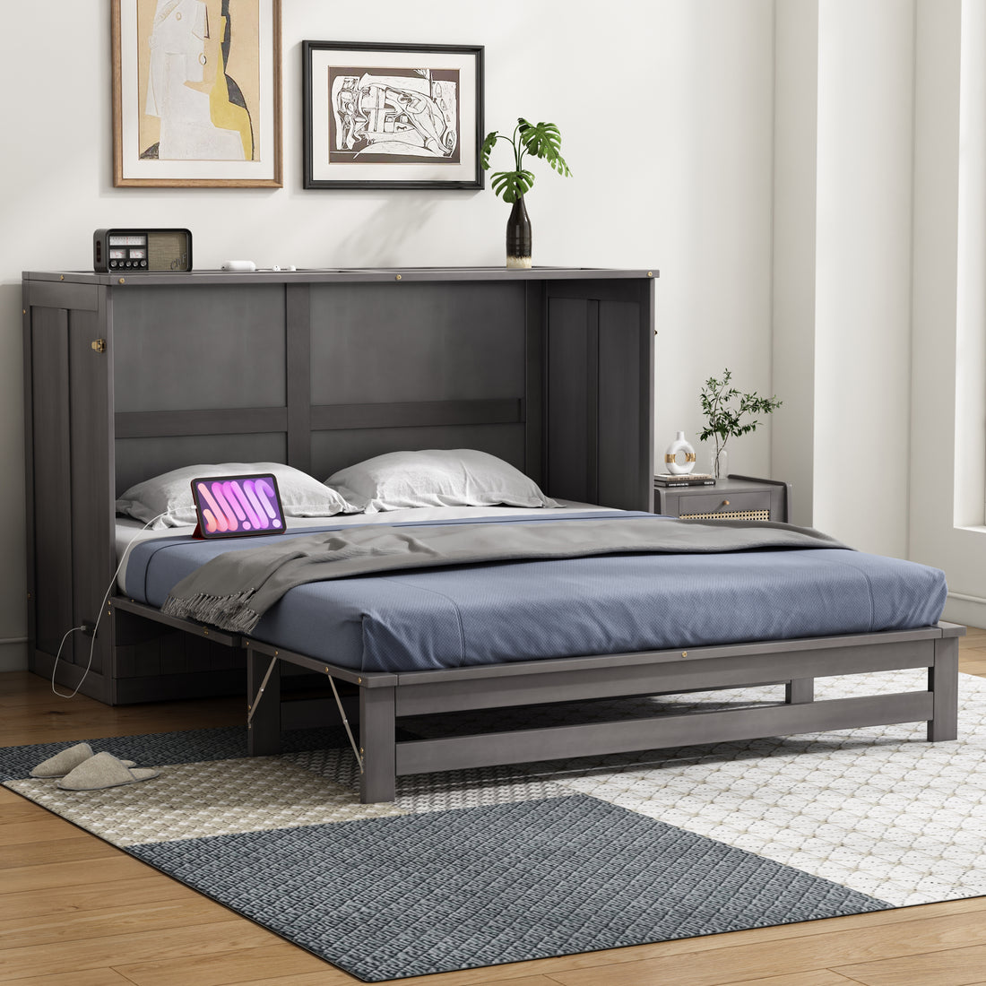 Queen Size Murphy Bed With Built In Charging Station, Antique Grey Box Spring Not Required Queen Antique Gray Wood Pine Wood