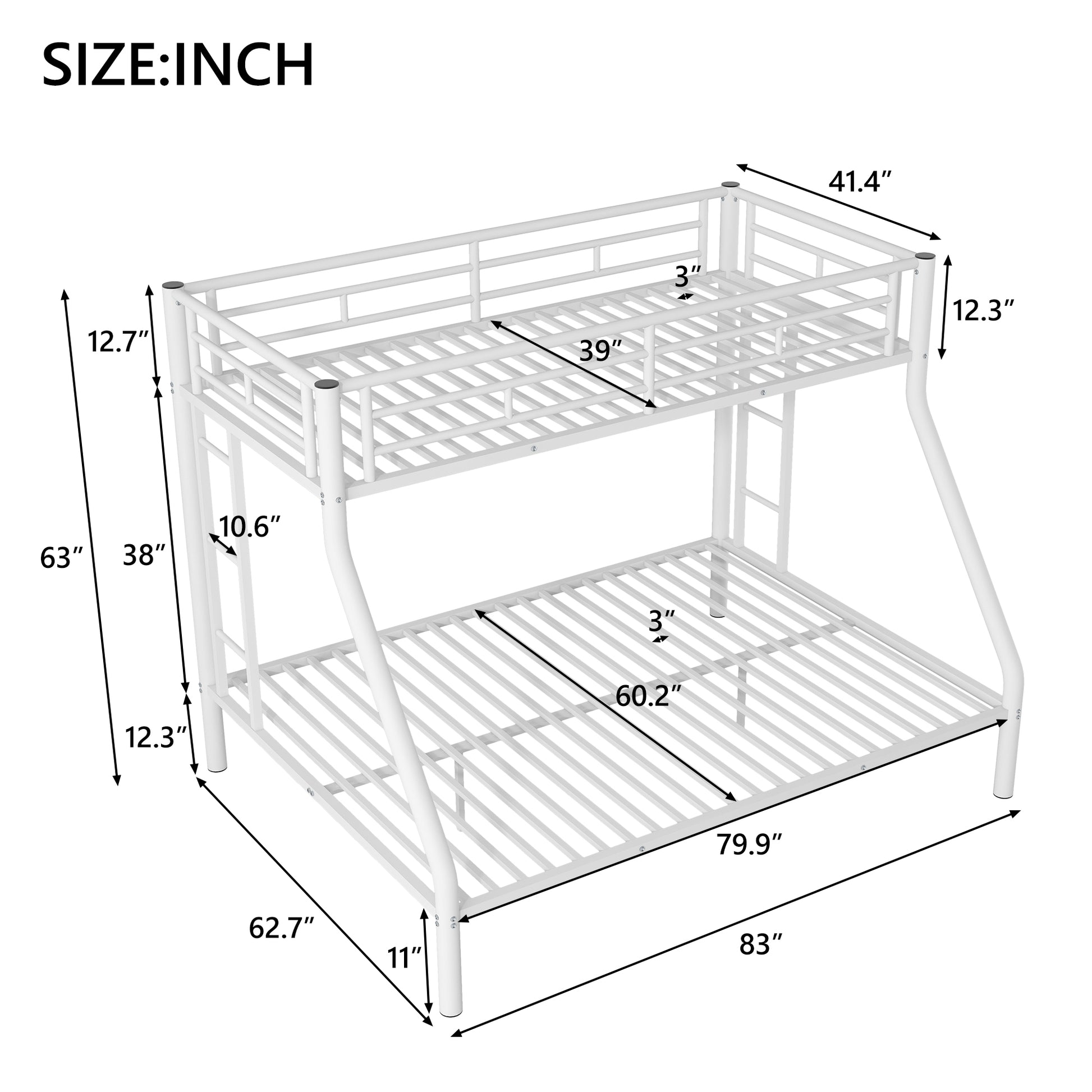 Twin Xl Over Queen Metal Bunk Bed With Ladder And Guardrails, White Box Spring Not Required Twin Xl White Metal Metal