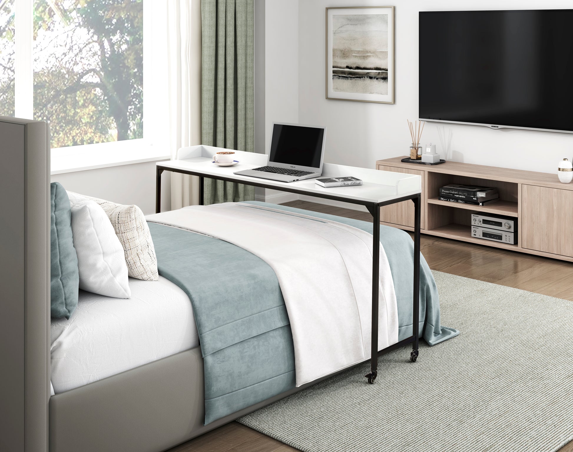 White Finish Multipurpose Over The Bed Desk With Adjustable Height, Metal Legs With Casters, Overbed Table 1Pc, Laptop Table For Bed, Breakfast Table Black White Rectangular Engineered Wood,Metal
