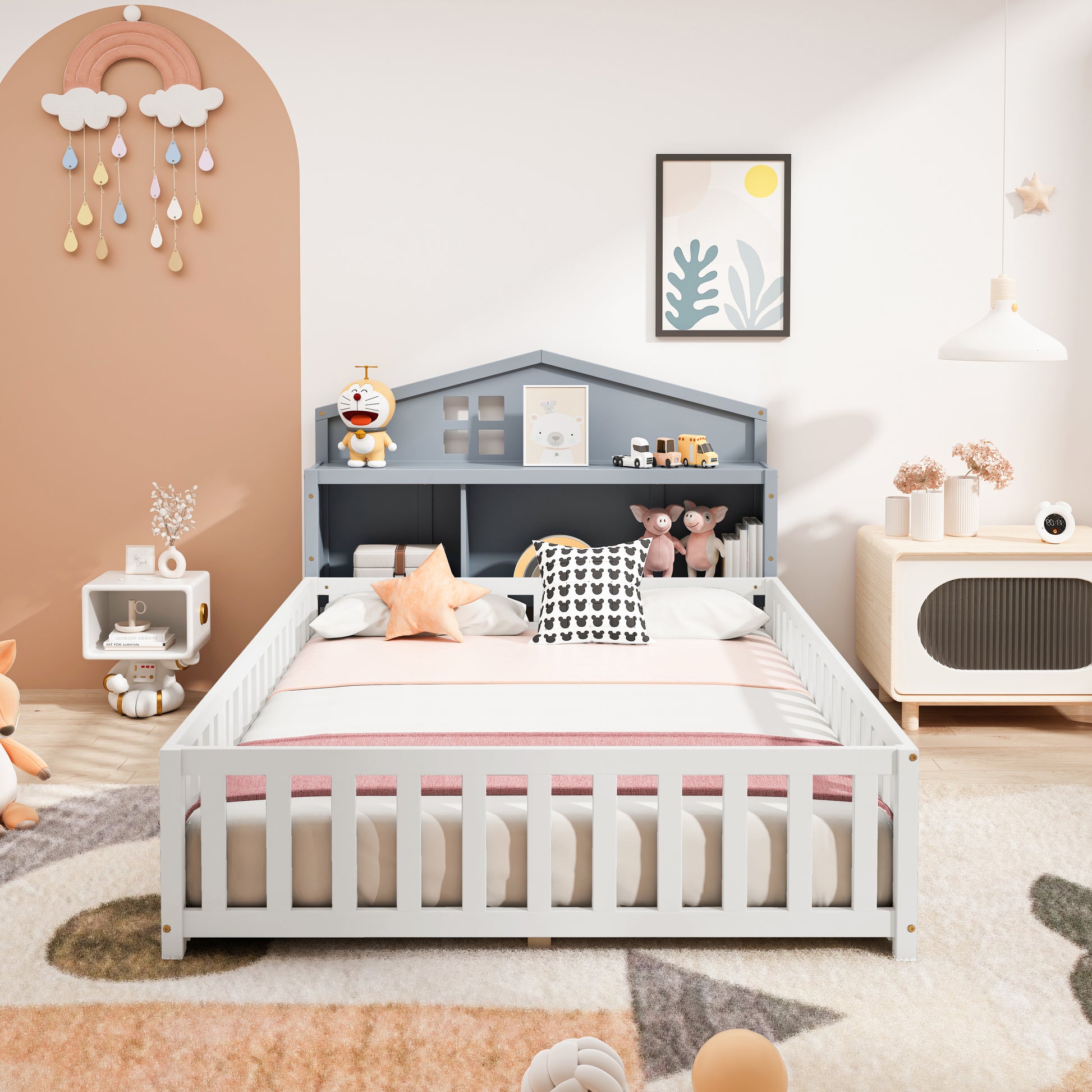 Headboard Storage Cabinet For Full Size Montessori Floor Bedgrey,Freely Collocation Grey Mdf