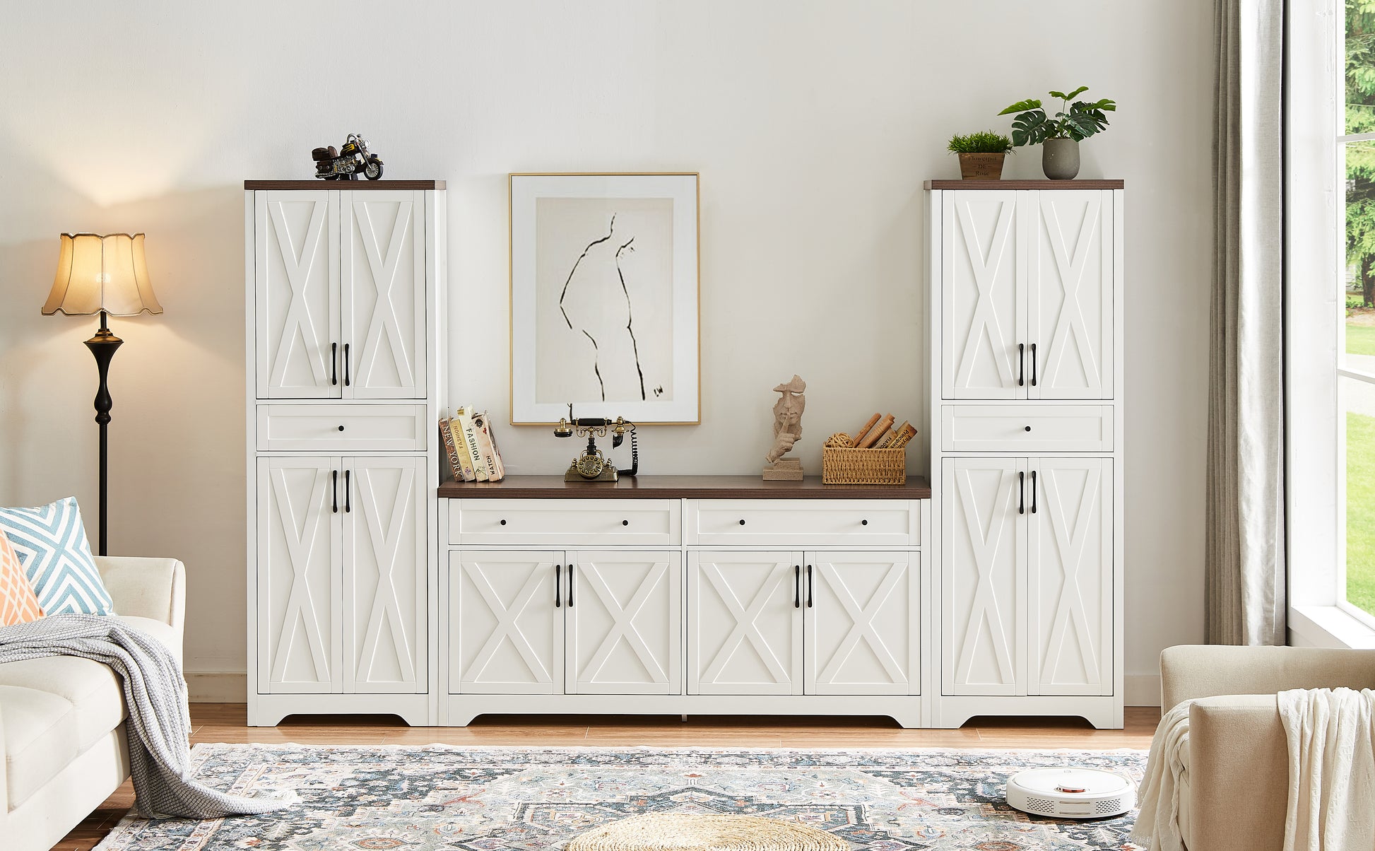 Tv Cabinet Combination Multifunctional Tv Wall For Living Room, White, 100'' X 15.7'' X 78.7''. White Walnut 60 69 Inches Particle Board Mdf