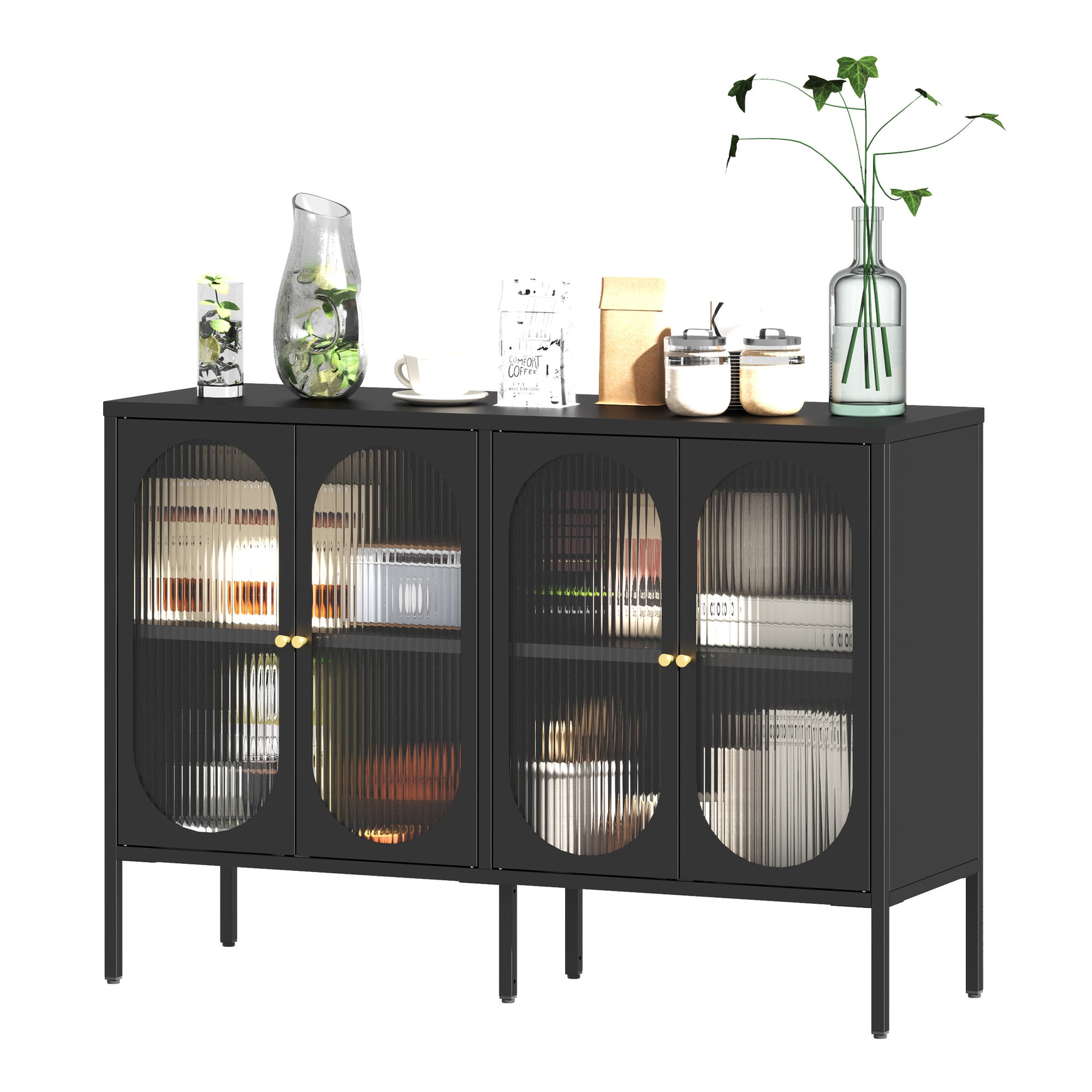 Metal Sideboard Cabinet With 4 Glass Door, Steel Locker Sideboard Buffet Cabinet, Sideboard Buffet Cabinet With 4 Doors, Kitchen Storage Cabinet, Coffee Bar Cabinet For Kitchen, Living Room, Black