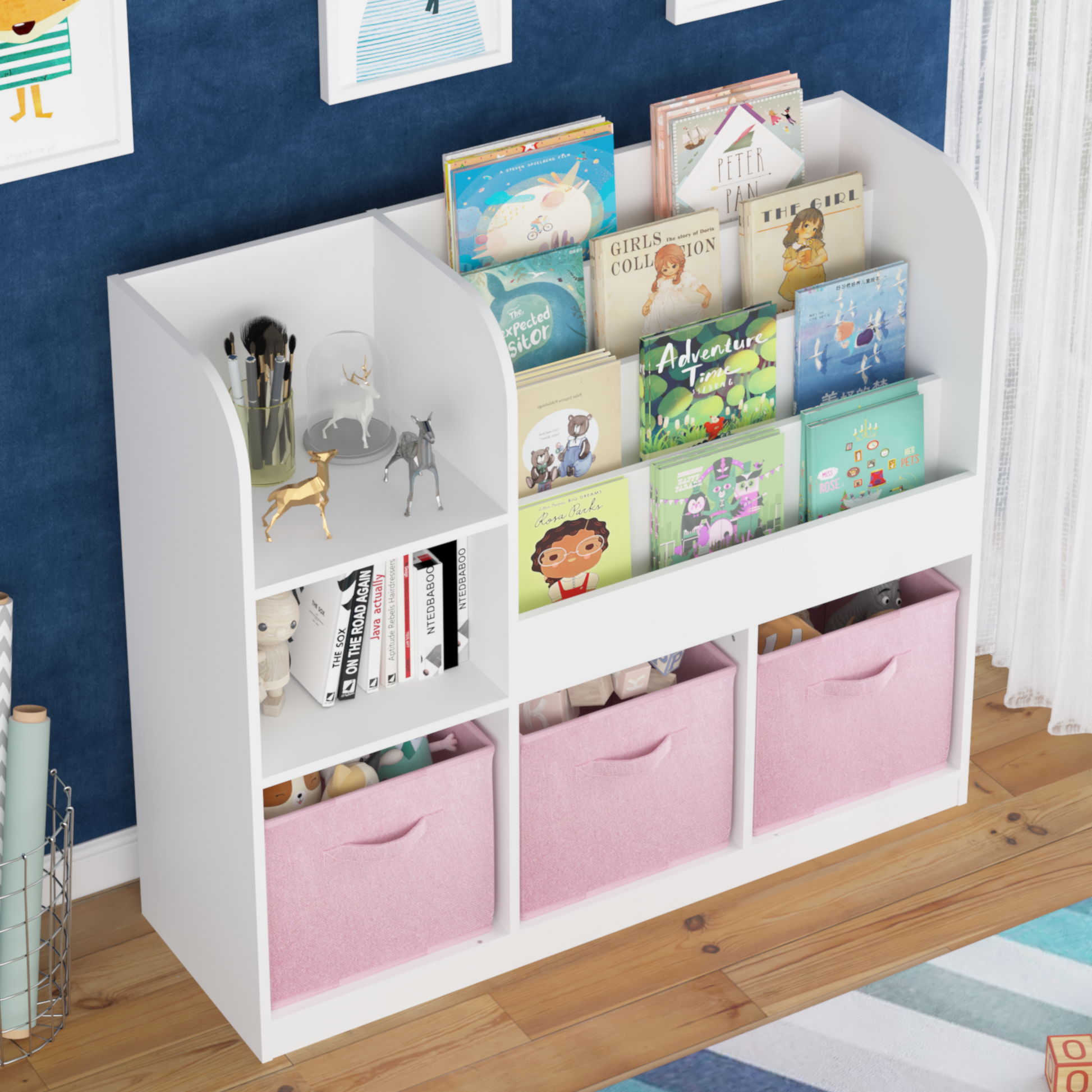 Kids Bookcase And Bookshelf, Multifunctional Bookcase With 3 Collapsible Fabric Drawers, Bookcase Display Stand, Toy Storage Organizer For Bedroom, Playroom, Hallway White Pink White Pink Fabric,Mdf