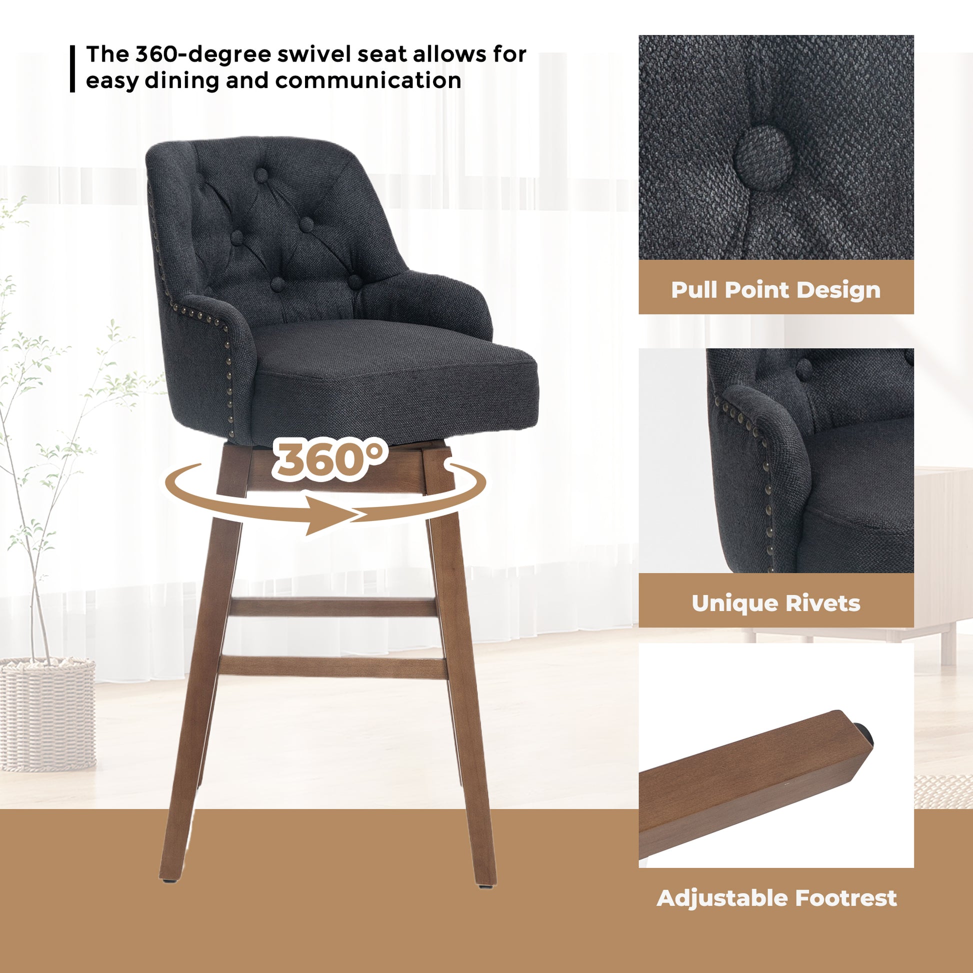 Coolmore Bar Stools Set Of 2 Counter Height Chairs With Footrest For Kitchen, Dining Room And 360 Degree Solid Wood Legs Swivel Bar Stools Set Of 2 Black Linen Black Foam Linen