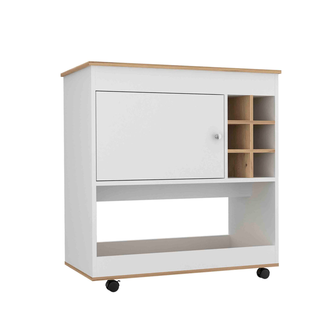 Camelia Bar Cart, Lower Panel, Six Bottle Cubbies, One Cabinet Light Oak White Multicolor Dining Room Modern Rectangular Particle Board Particle Board Medium 40 55In
