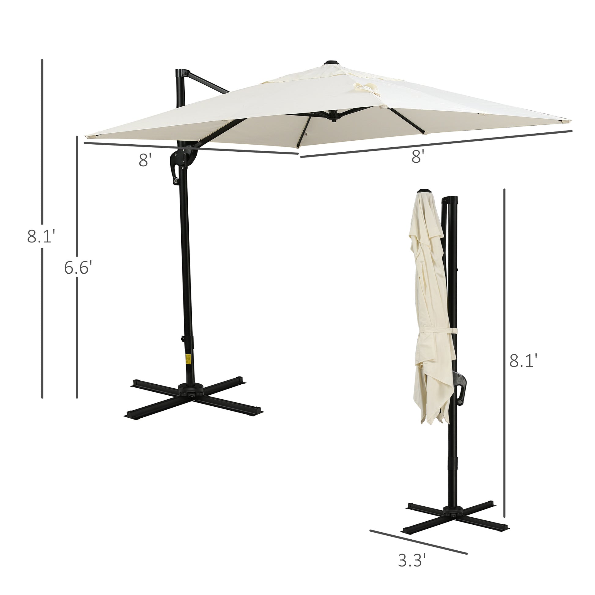 Outsunny 8Ft Cantilever Patio Umbrella, Square Outdoor Offset Umbrella With 360 Rotation, Aluminum Hanging Umbrella With 3 Position Tilt, Crank & Cross Base For Garden, Cream White Off White Steel