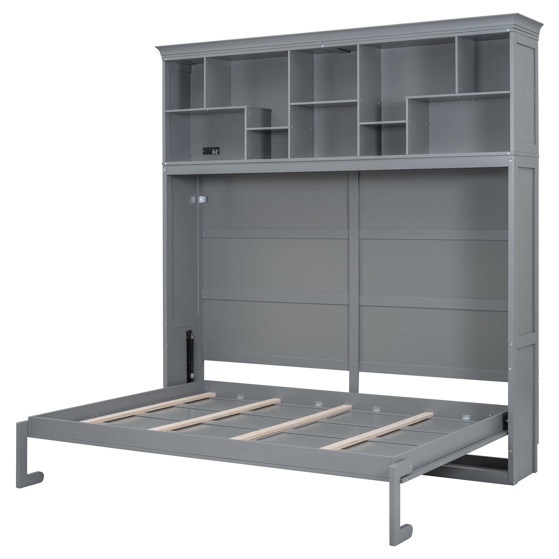 Queen Size Murphy Bed Wall Bed With Top Shelves & Usb,Gray Queen Gray Plywood
