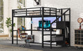 Full Size Loft Bed With L Shaped Desk And Usb, Metal Loft Bed With Wardrobe And Adjustable Shelf, High Loft Bed With Led For Kids Teens Adults, Black Full Black Metal