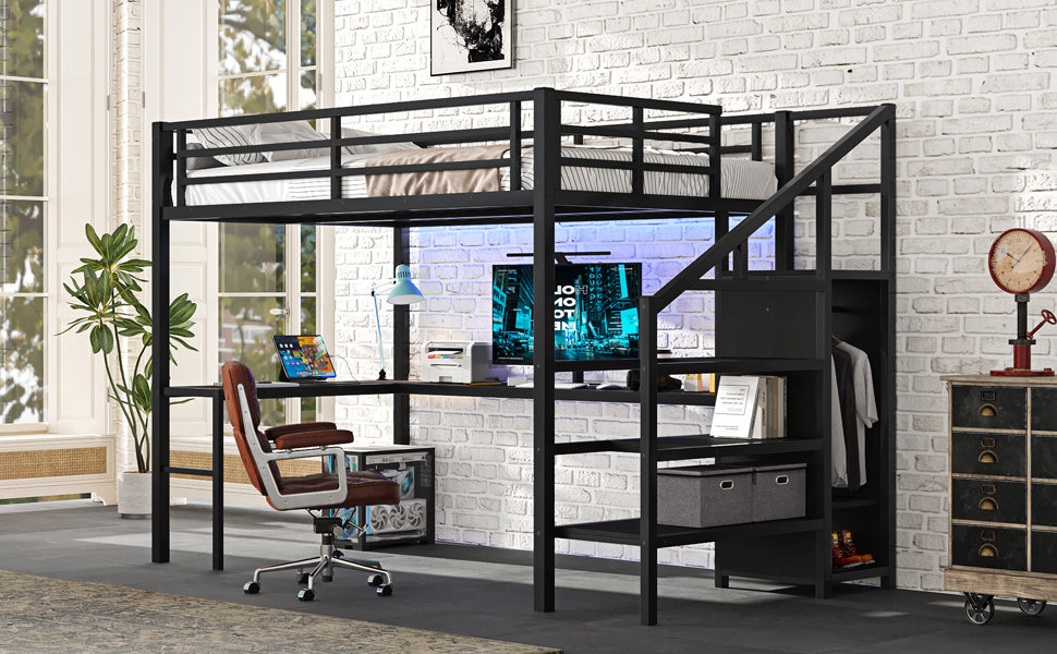 Full Size Loft Bed With L Shaped Desk And Usb, Metal Loft Bed With Wardrobe And Adjustable Shelf, High Loft Bed With Led For Kids Teens Adults, Black Full Black Metal