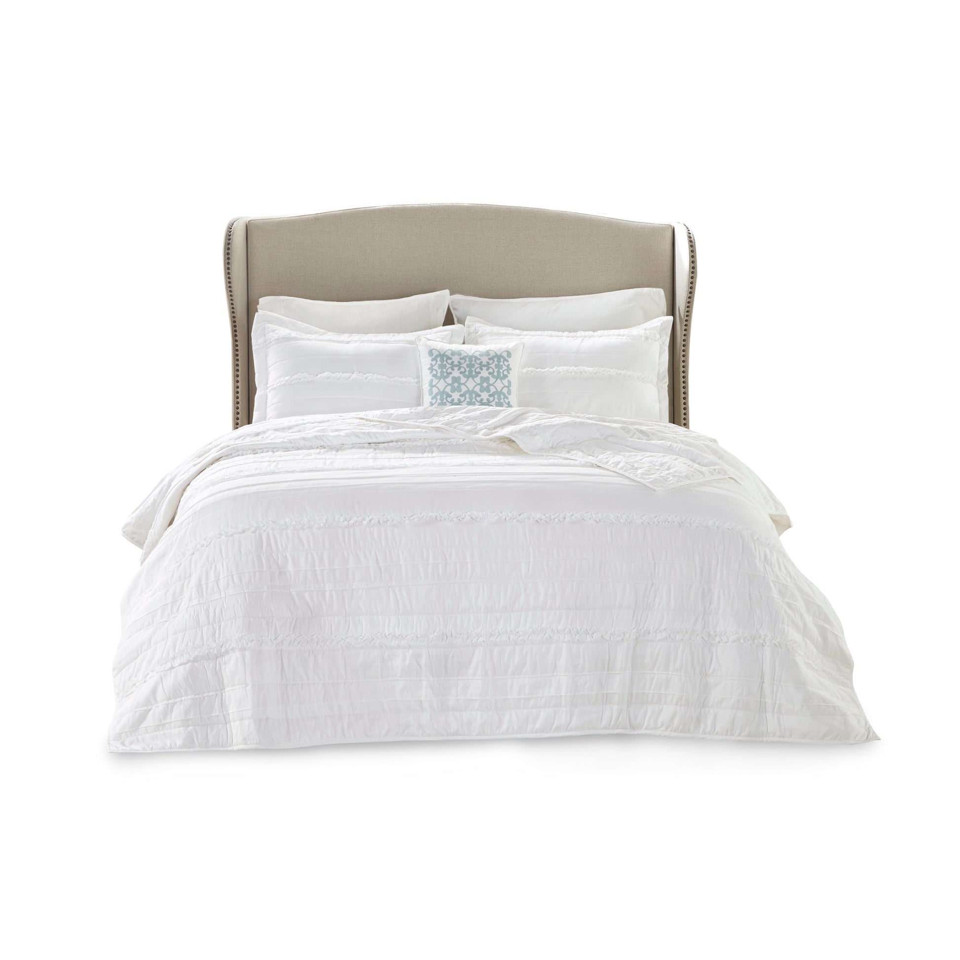 4 Piece Microfiber Reversible Ruffle Quilt Set With Throw Pillow White Full Queen Full White Cotton