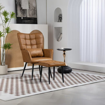 Pu Leather Accent Chair, Upholstered High Backrest Arm Chair With Solid Metal Legs, Tufted Button Design Reading Chair, Sofa Chair For Bedroom, Living Room, Office, Brown Brown Bedroom Casual Foam Pu Leather