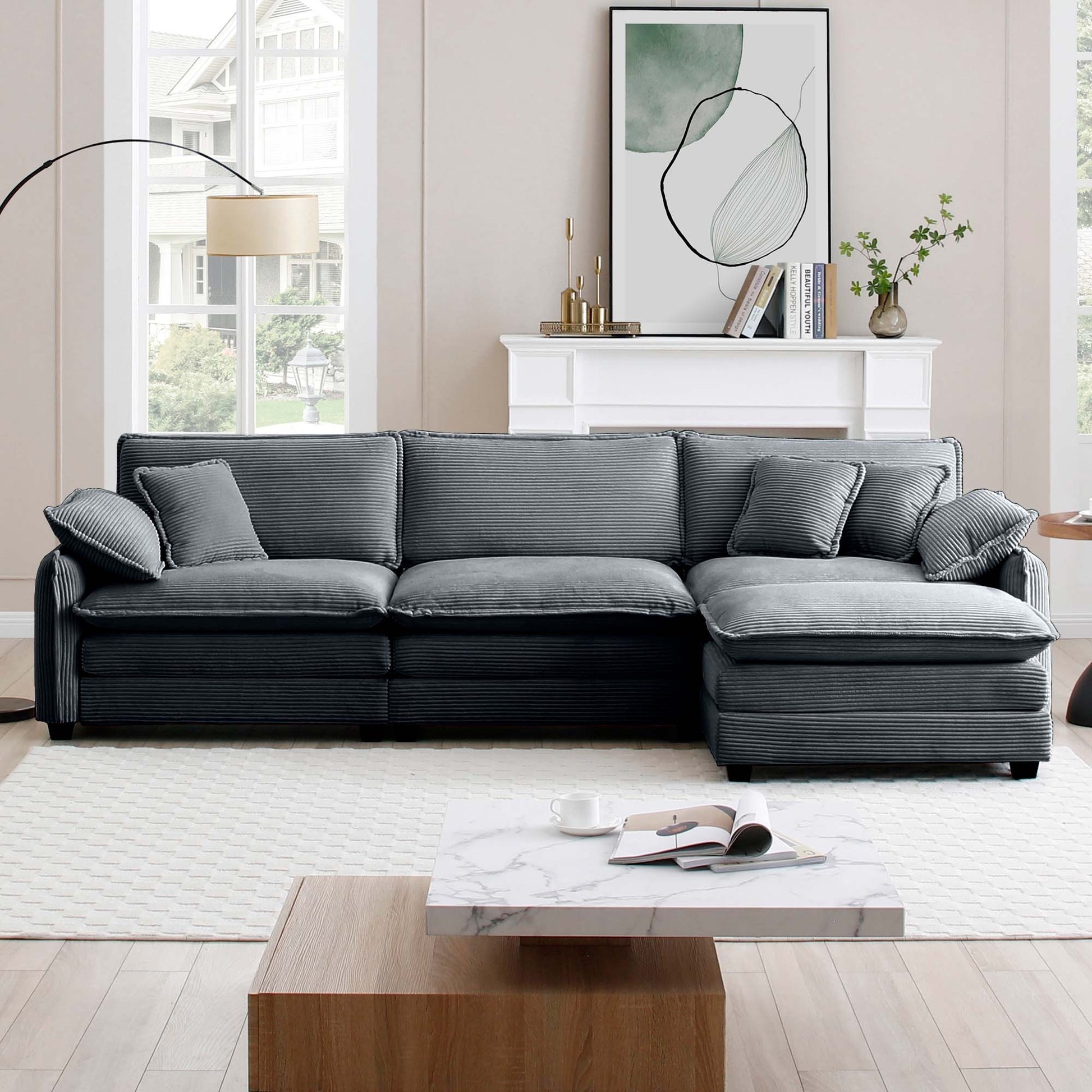Oversize 3 Seater Sofa With One Footrest, L Shaped Sectional Sofa With Ottoman For Living Rooms,Grey Corduroy Sofa Grey Corduroy 3 Seat
