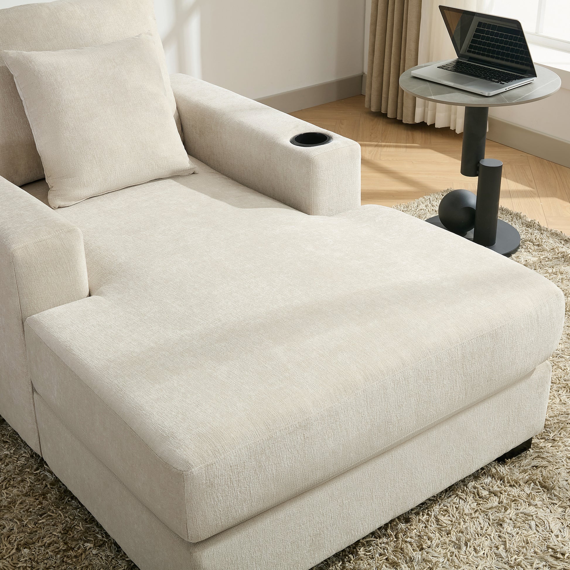 39.7" Oversized Chaise Lounger Modern Style Sofa Couch ,With Pillows, Charge Station & Cup Holders, Chenille Fabric, Cream Cream Chenille