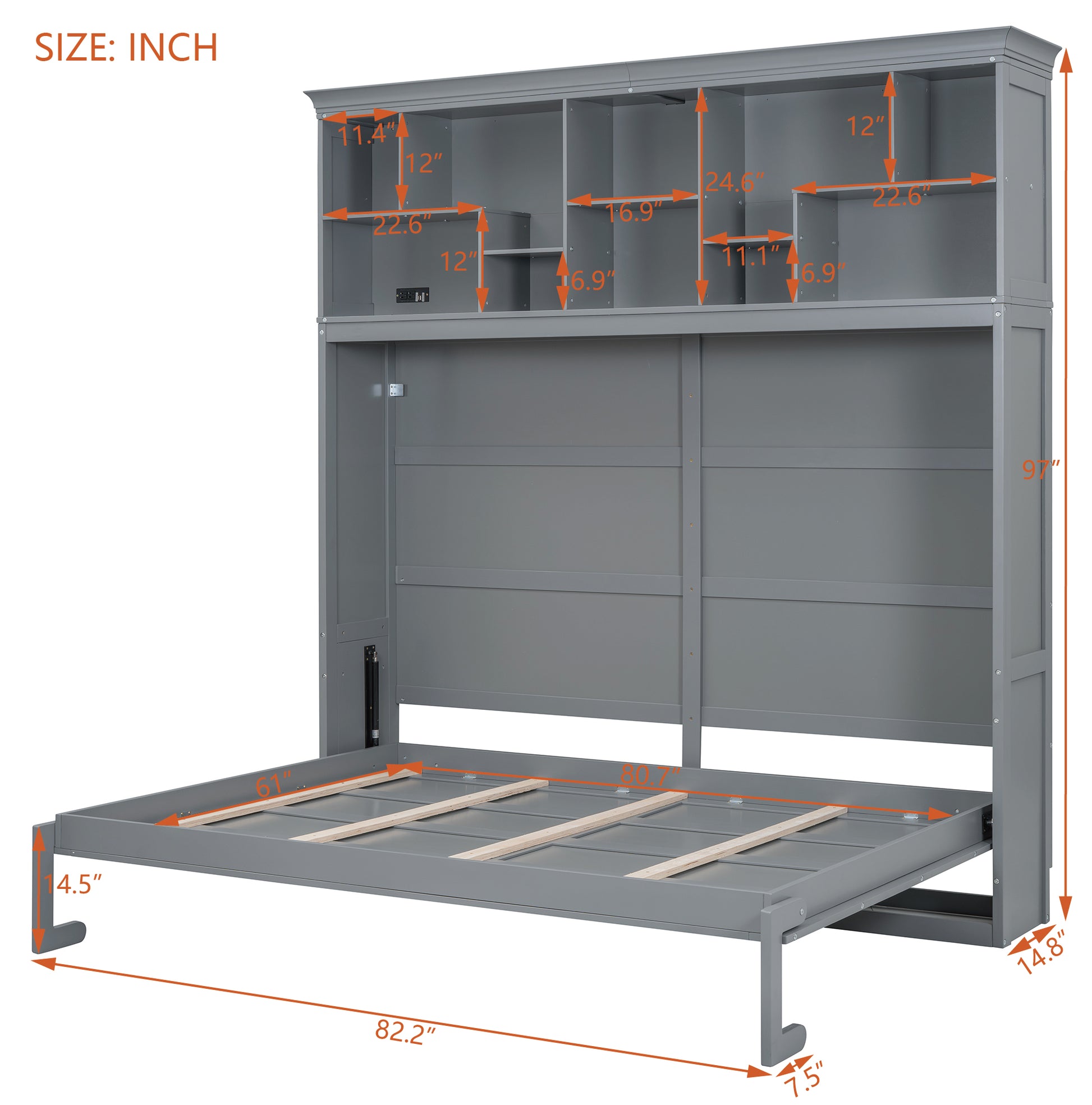 Queen Size Murphy Bed Wall Bed With Top Shelves & Usb,Gray Queen Gray Plywood