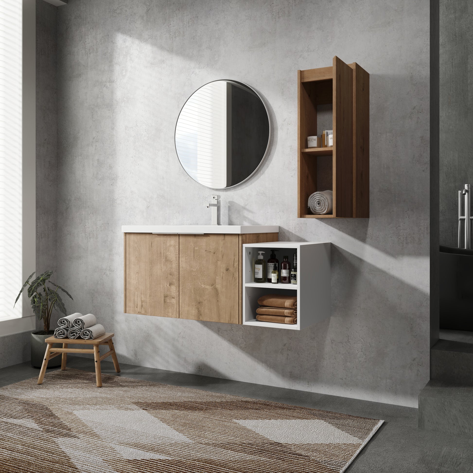 42" Wall Mounted Bathroom Vanity With Sink And Side Cabinet, Soft Close Doors,00112Imo 0630Imo 0612Gwh Combination Cabinet Kd Packing Imitative Oak Bathroom Modern Plywood Plywood