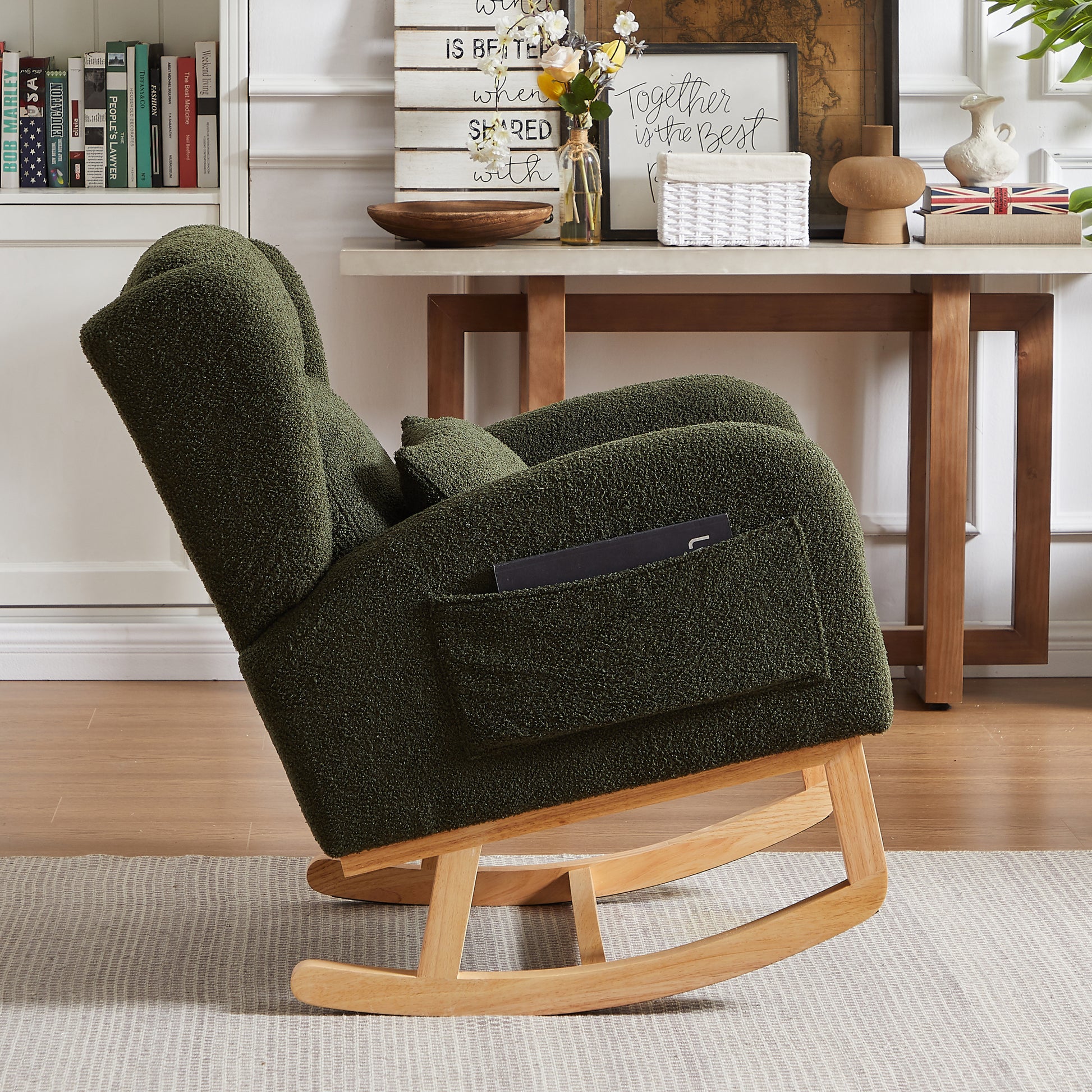27.2"W Modern Accent High Backrest Living Room Lounge Arm Rocking Chair, Two Side Pocket Army Green Foam Fabric