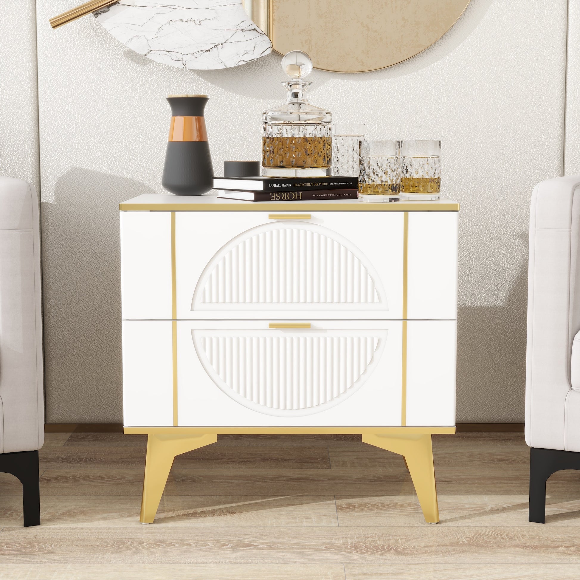 Two Pack White 2 Drawer Round Card Gold Bar Blister Nightstand White Wood