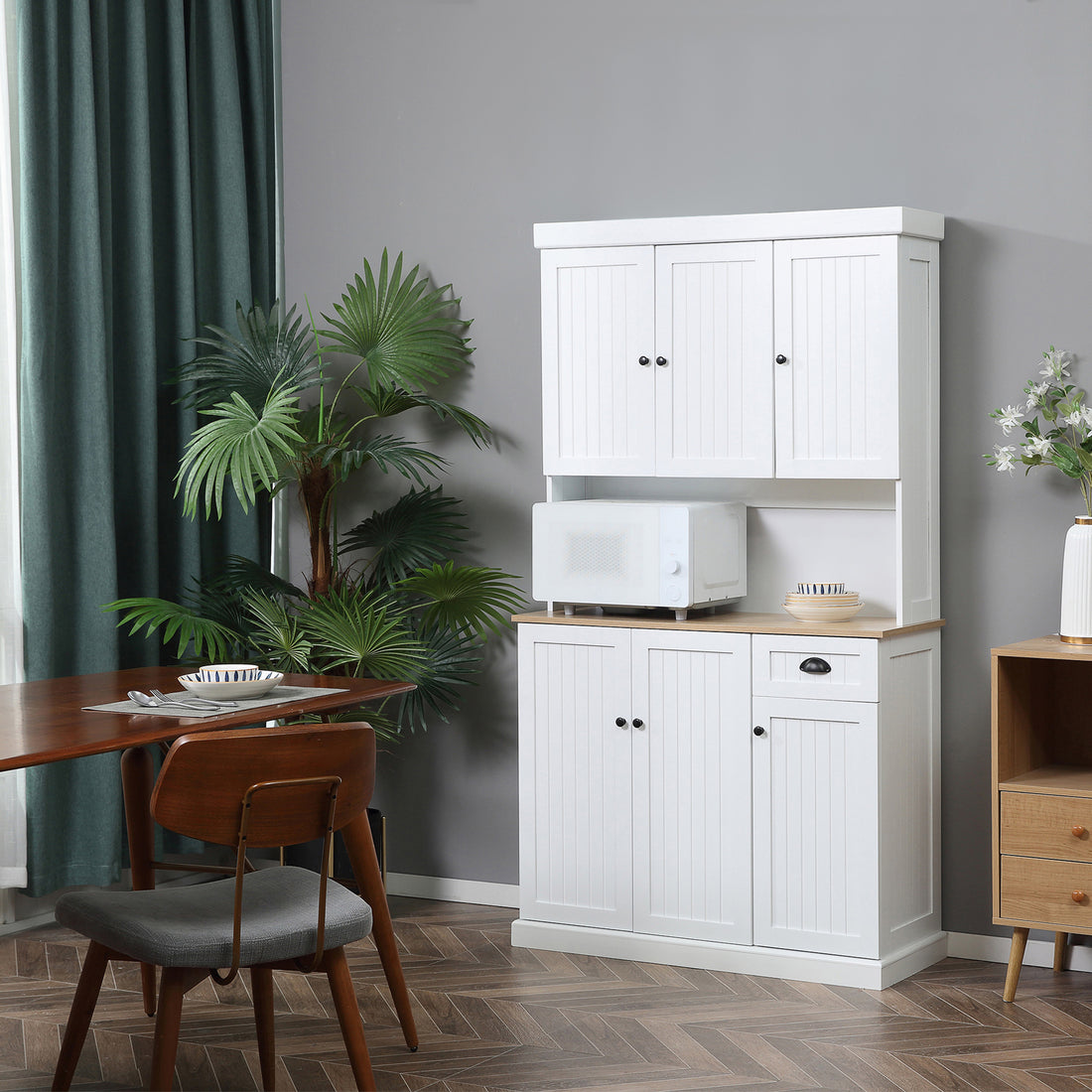 Homcom 71" Buffet With Hutch, Modern Kitchen Pantry Storage Cabinet With Microwave Oven Countertop, Drawer, And Cupboard, White White Particle Board
