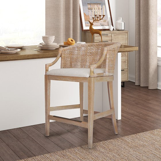 Handcrafted Rattan Counter Stool 25" H Natural Whitewash Polyester