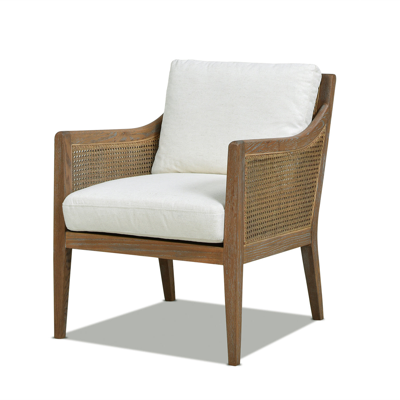 Ontario 24.5" Oak & Rattan Upholstered Accent Arm Chair, Natural White Linen White Foam Wood Fabric Rattan