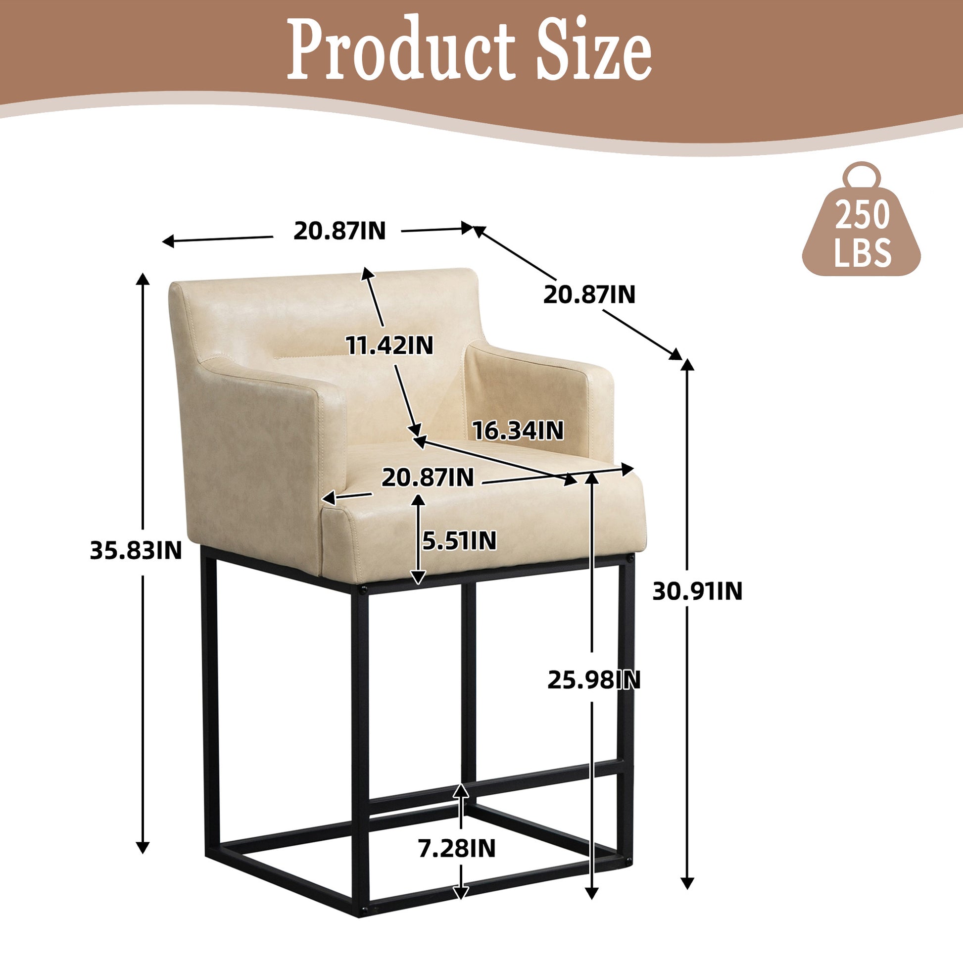 Coolmore Counter Height Bar Stools Set Of 2, Modern Square Bar Stool With Back, Black Metal Frames, Upholstered Bar Stools For Kitchen Island, Pub, Club Khaki Pu Khaki Primary Living Space Foam Pu