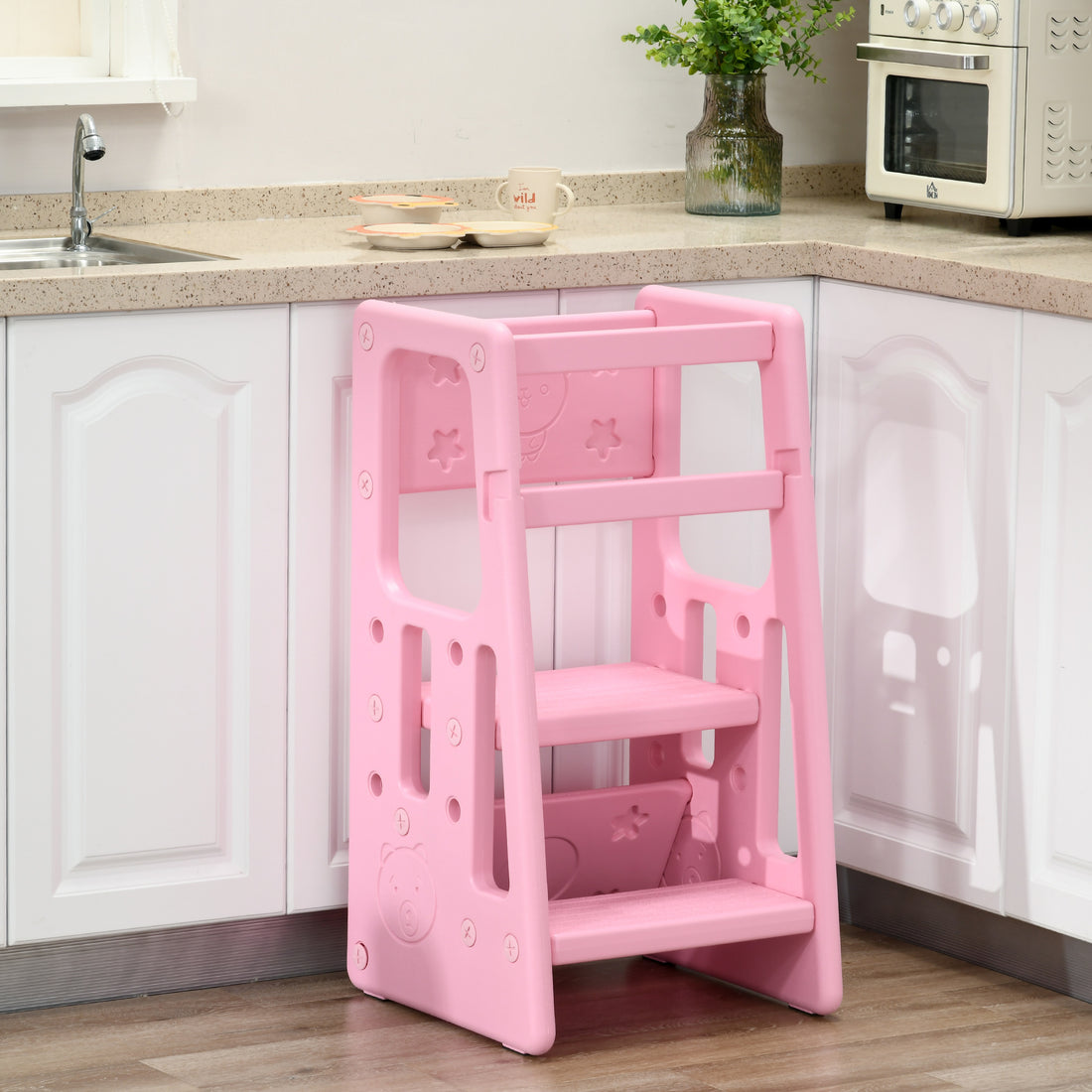 Qaba Toddler Tower With Adjustable Height, Toddler Kitchen Stool Helper With Anti Slip Mat, Step Stool For Kitchen, Bathroom, Pink Pink Hdpe