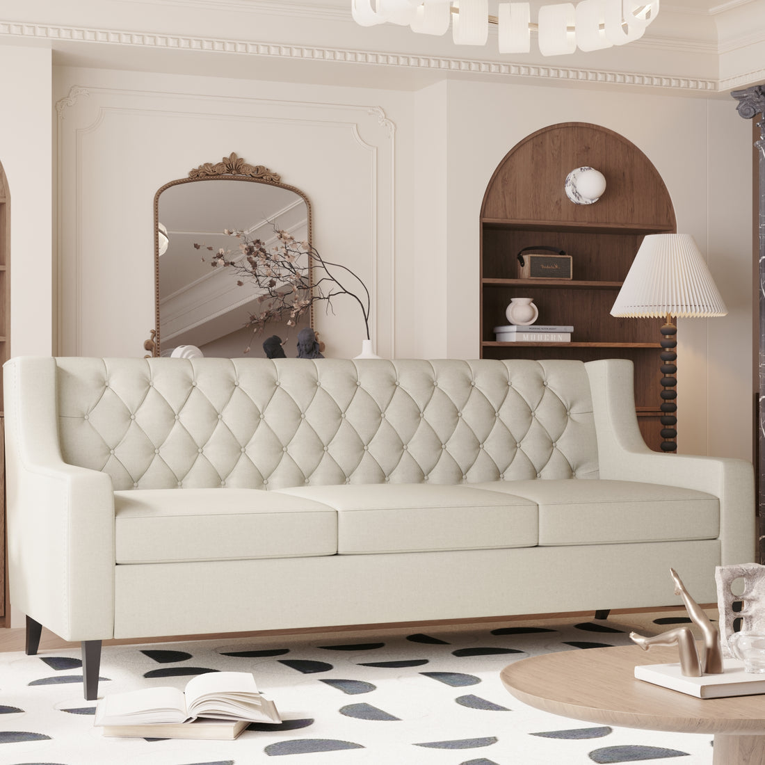 78.75'' 3 Seater Sofa, Button Tufted Backrest With Comfy Cushion, Mid Century Modern Couches For Living Room, Upholstered Comfy Sofa Couch For Bedroom, Apartment Beige Polyester 3 Seat