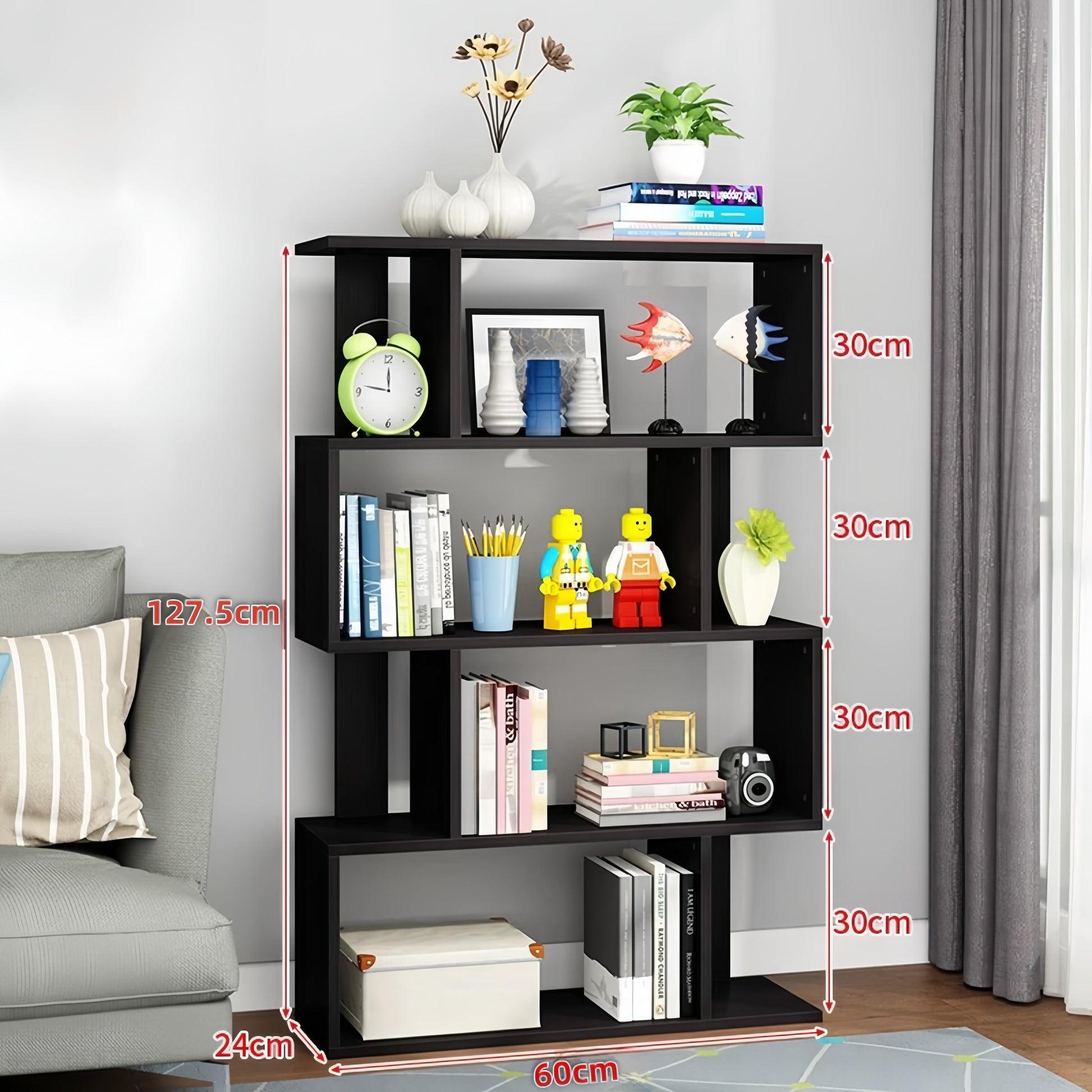 Dfw 4 Tier Storage Shelf S Shaped Bookcase, Multifunctional Wooden Display Decor Furniture, Free Standing Industrial Storage Rack For Living Room Bedroom Office, Modern 4 Shelf Bookcase 1 Black 4