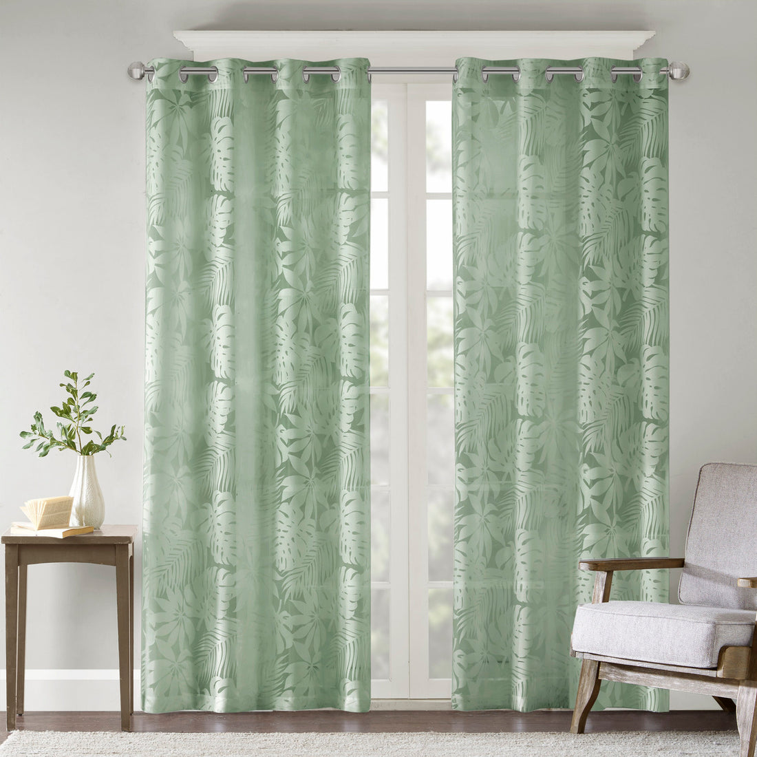 Palm Leaf Burnout Window Sheer Sage Green 50X95" Sage Green Polyester