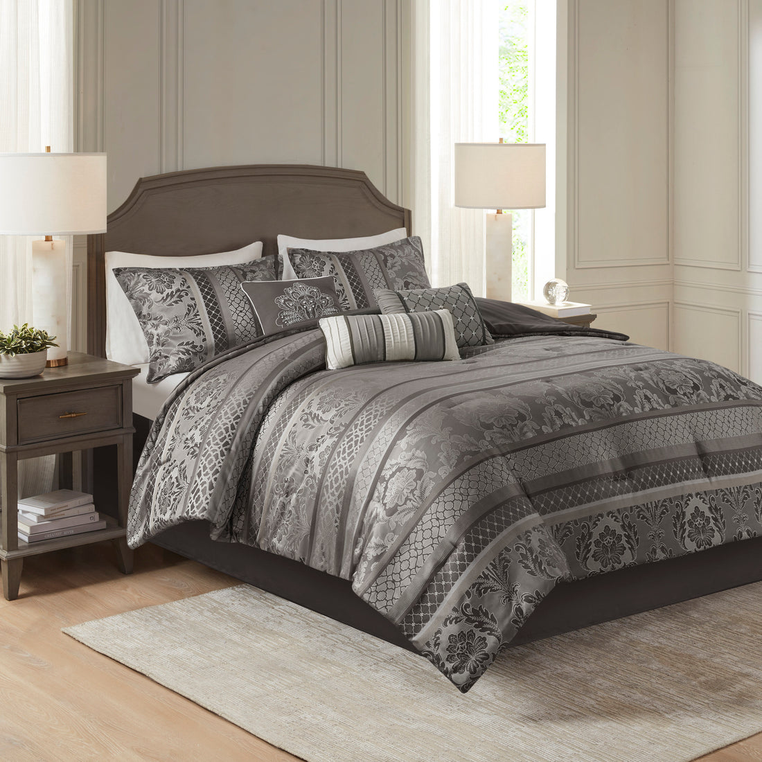 7 Piece Jacquard Comforter Set Grey Cal King California King Grey Polyester