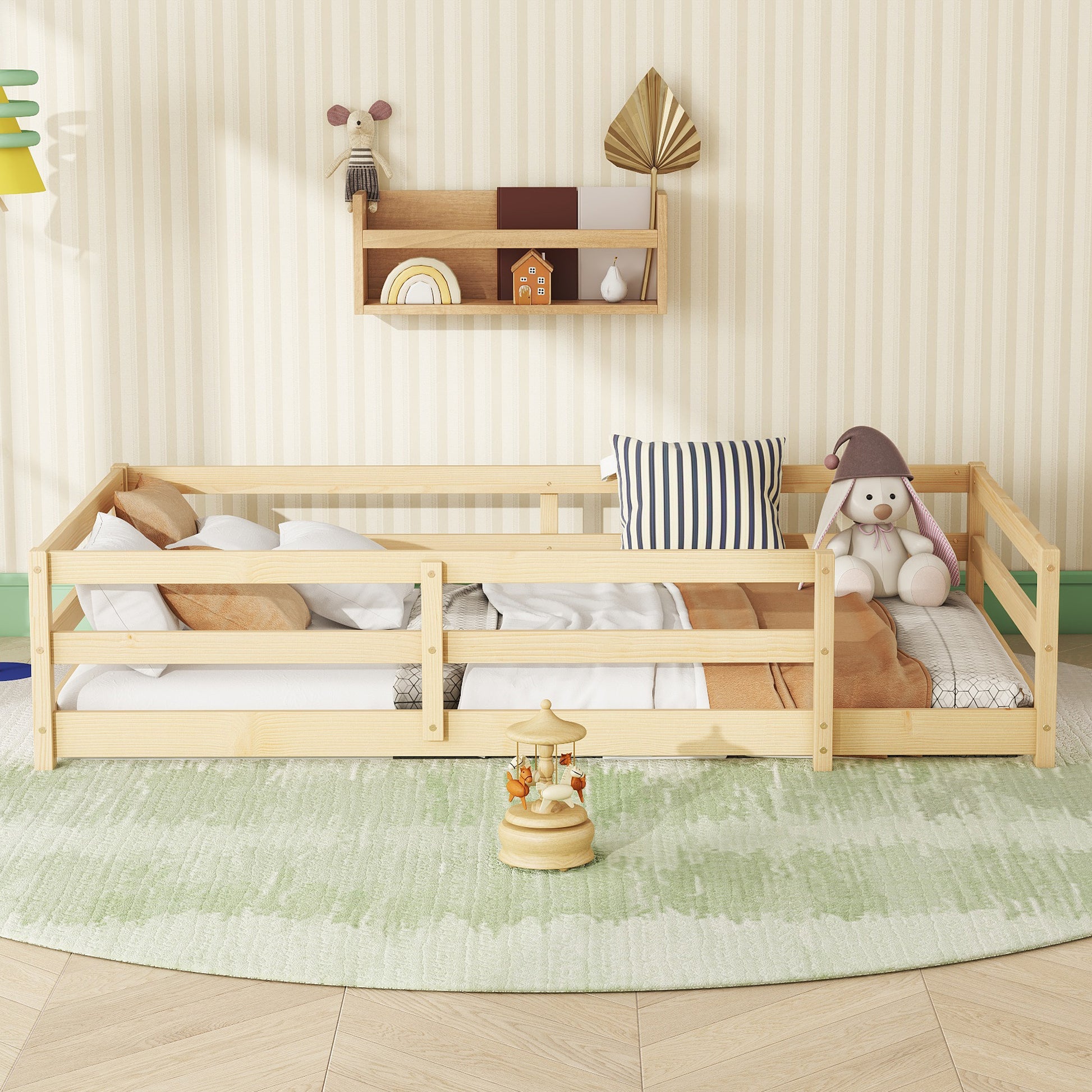 Twin Size Floor Bed, Montessori Floor Bed With Fence, Kids Montessori Bed Twin Size, Wood Montessori Floor Bed For Kids, Girls, Boys Natural Natural Wood Metal