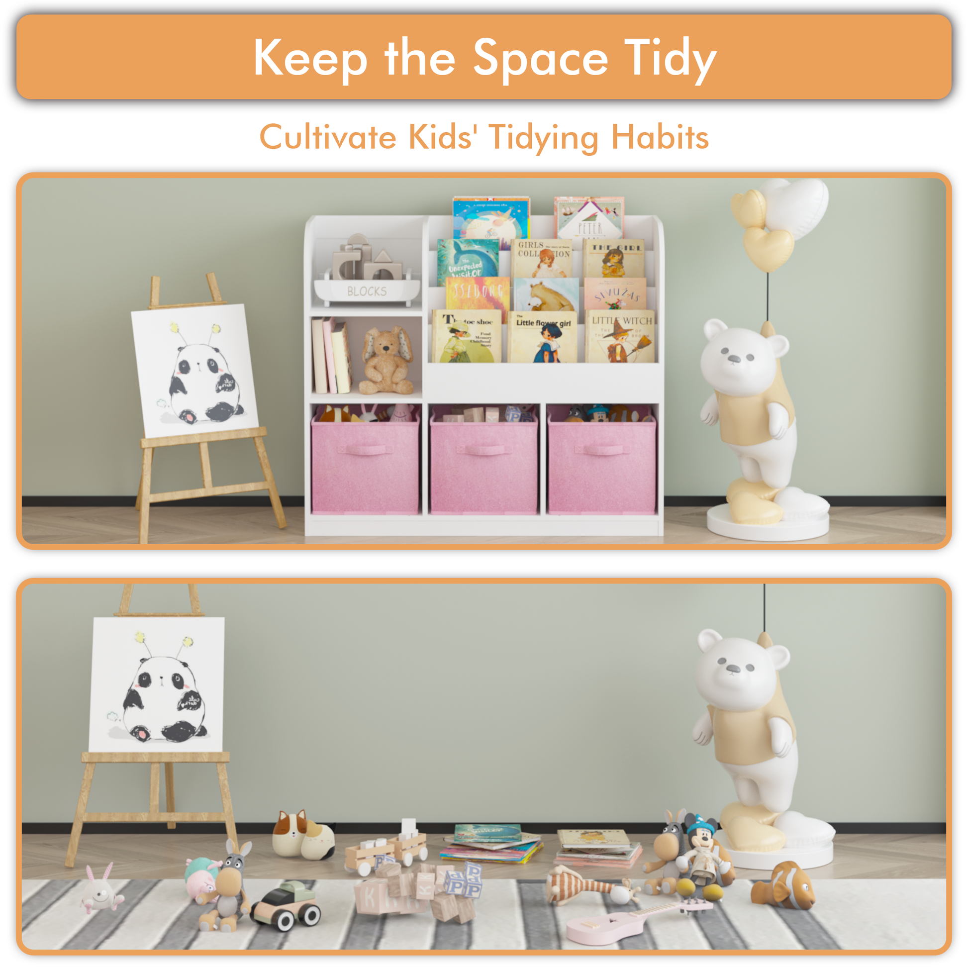 Kids Bookcase And Bookshelf, Multifunctional Bookcase With 3 Collapsible Fabric Drawers, Bookcase Display Stand, Toy Storage Organizer For Bedroom, Playroom, Hallway White Pink White Pink Fabric,Mdf