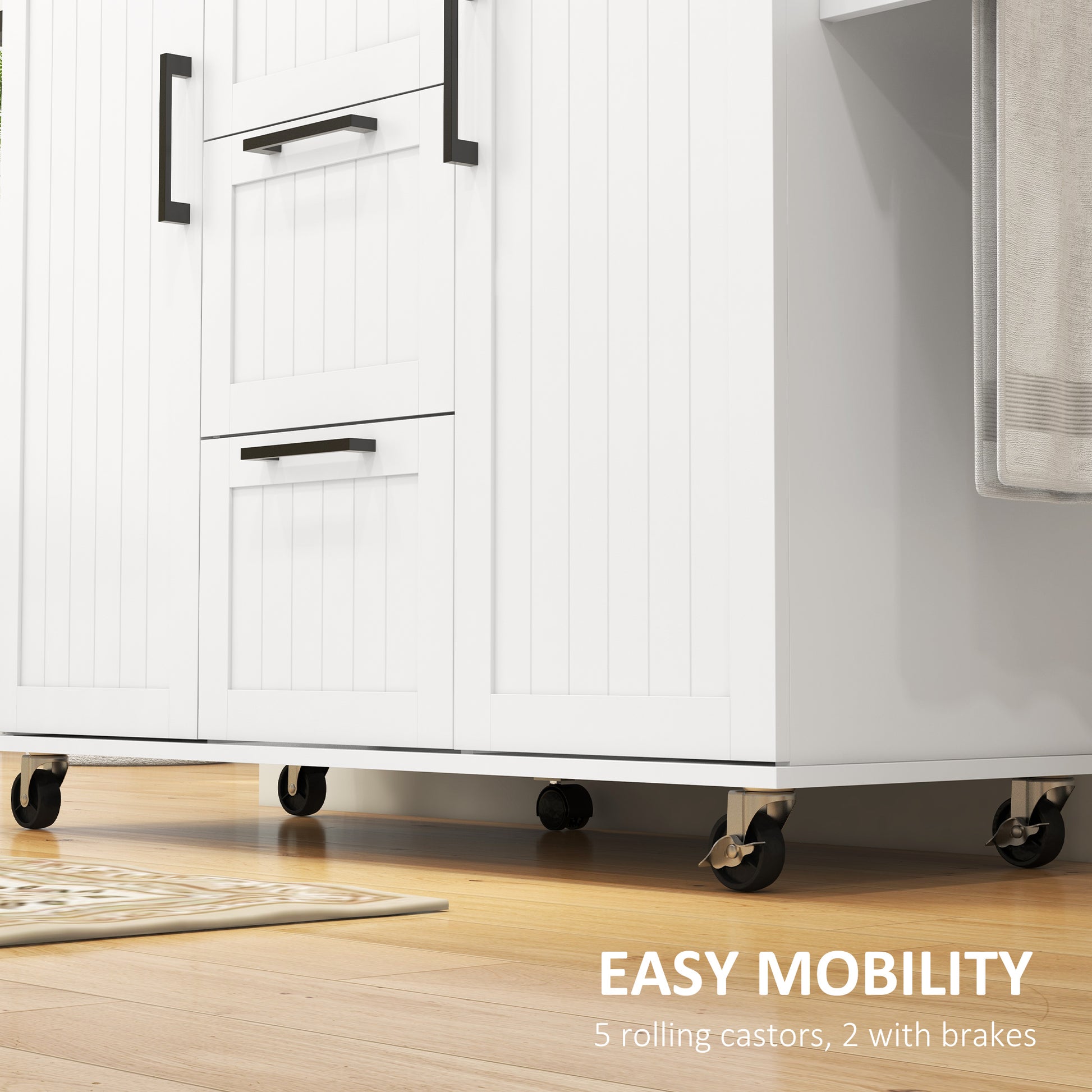 Homcom Kitchen Island With Drop Leaf, Rolling Kitchen Cart On Wheels With 3 Drawers, 2 Cabinets, Natural Wood Top, Spice Rack And Towel Rack, White White Rubber Wood