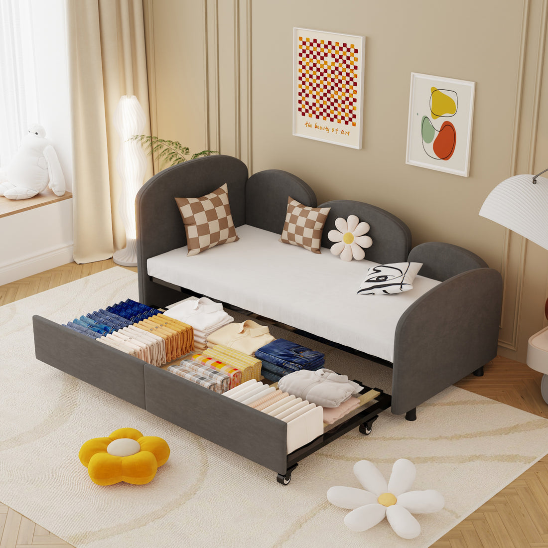 Twin Size Twin Size Bed Frames With An Another Bed Frame, Velvet Upholstered Daybed, Modern Sofa Bed Daybed Frame For Bedroom Living Room, Suitable For Living Room, Kids Room, Bedroom Ddry Gray Dark