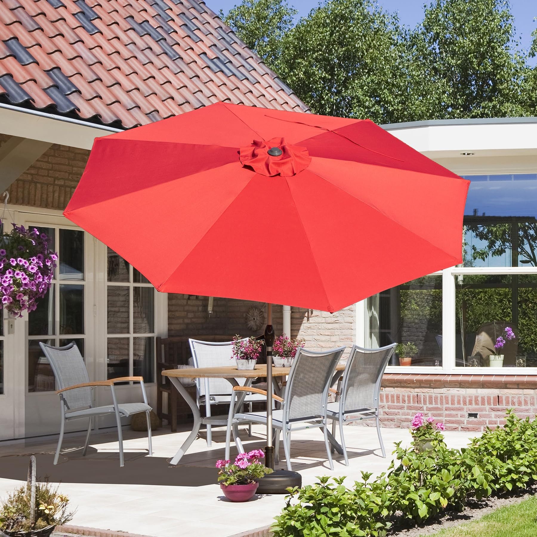9Ft Patio Umbrella, Outdoor Table Umbrella With Push Button Tilt And Crank, Uv Protection Waterproof Market Sun Umbrella With 8 Sturdy Ribs For Garden, Deck, Backyard, Pool Brick Red Brick Red Round Uv Resistant Umbrellas Aluminium