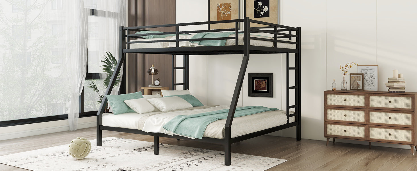 Metal Queen Over King Bunk Bed For Teens And Adults,Space Saving Noise Reduced No Box Spring Needed, Black Black Metal