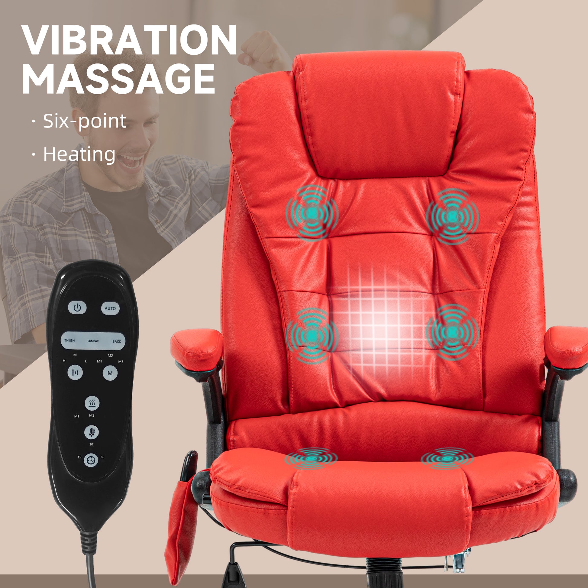 Homcom High Back Vibration Massage Office Chair With 6 Vibration Points, Heated Reclining Pu Leather Computer Chair With Armrest And Remote, Red Red Pu