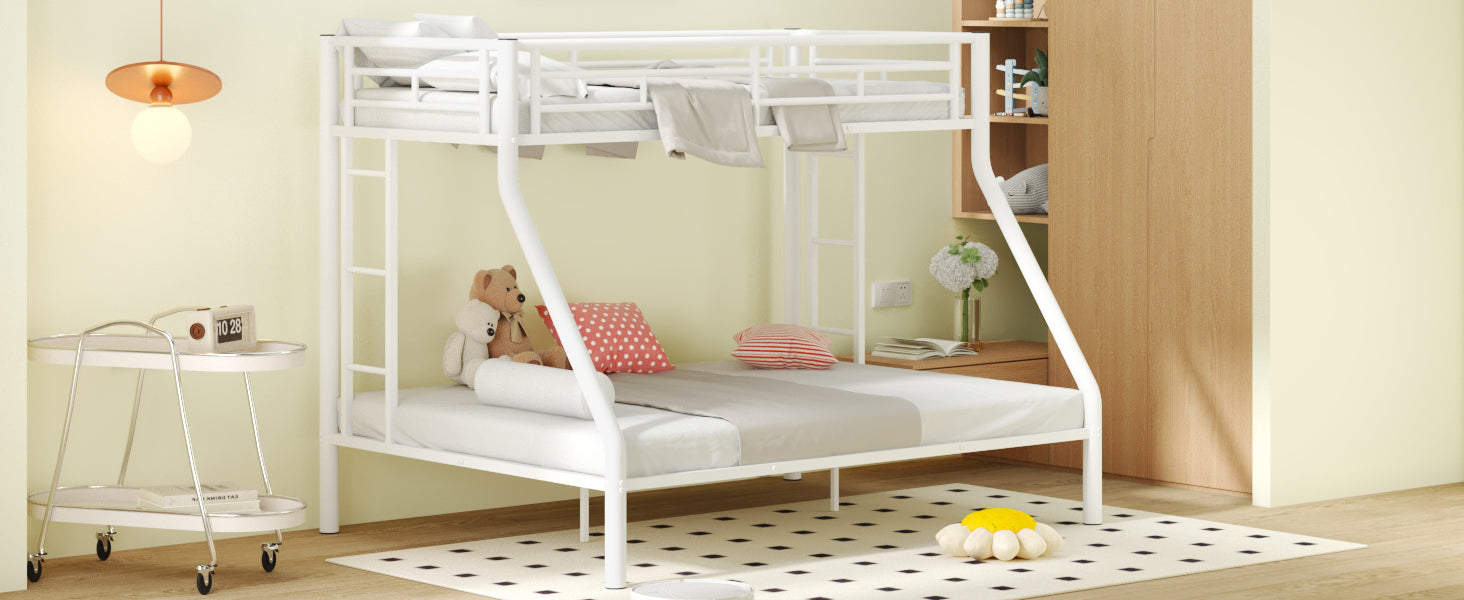 Twin Xl Over Queen Metal Bunk Bed With Ladder And Guardrails, White Box Spring Not Required Twin Xl White Metal Metal