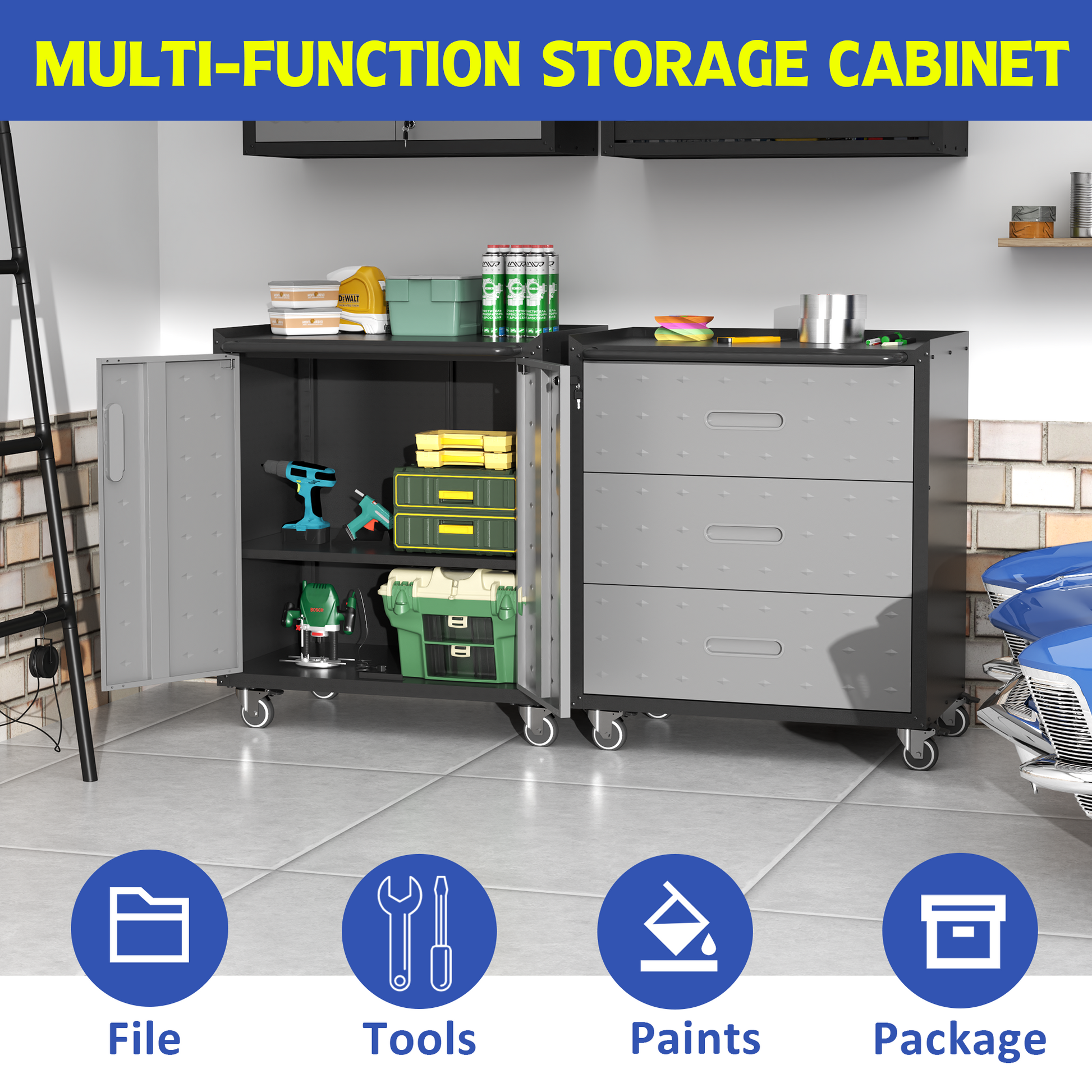 Heavy Duty Metal Garage Storage Cabinet With Wheels Sturdy And Durable Tool Storage Cabinet For Garage, Office, And Home Organizer Solutions Black Gray Steel